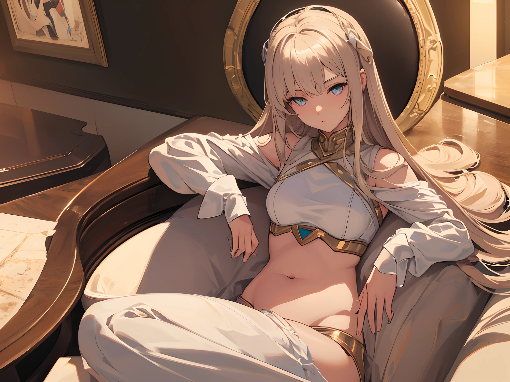“The Art of WLOP: (Masterpiece, Side Lights, Delicate and Beautiful Eyes: 1.2), Portrait, Realistic Style, 3D Face, Shiny Hair and Skin, Solo, Awkward Poses, (Belly), Gundam Cosplay, Girls, Sexuality.”