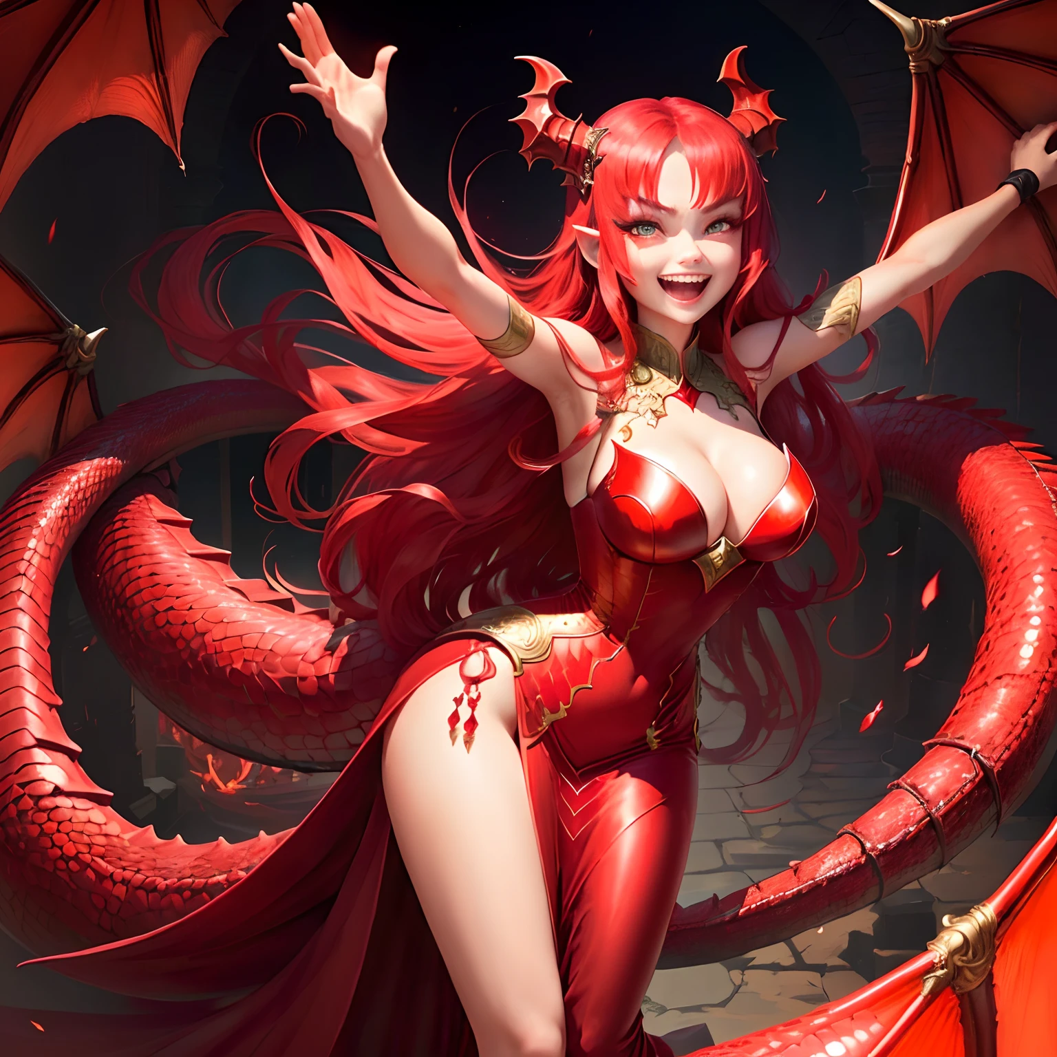red (antopomorf dragongirl), scale, (clear eyes), long dress, flat breasts, evil smile, open mouth teeth, hug