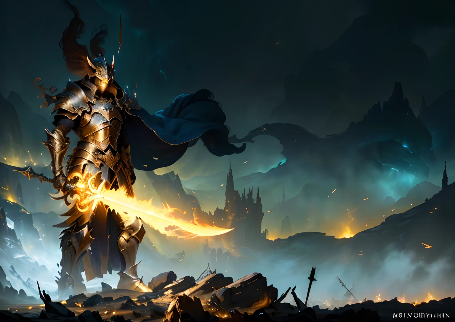 masterpiece, best quality, (extremely detailed CG unity 8k wallpaper), (best quality), (best illustration), (best shadow), absurdres, realistic lighting, (Abyss), beautiful detailed glow, art by PeterMohrBacher, elf, paladin, armor, plate, perfect face, flaming sword, fixed face,