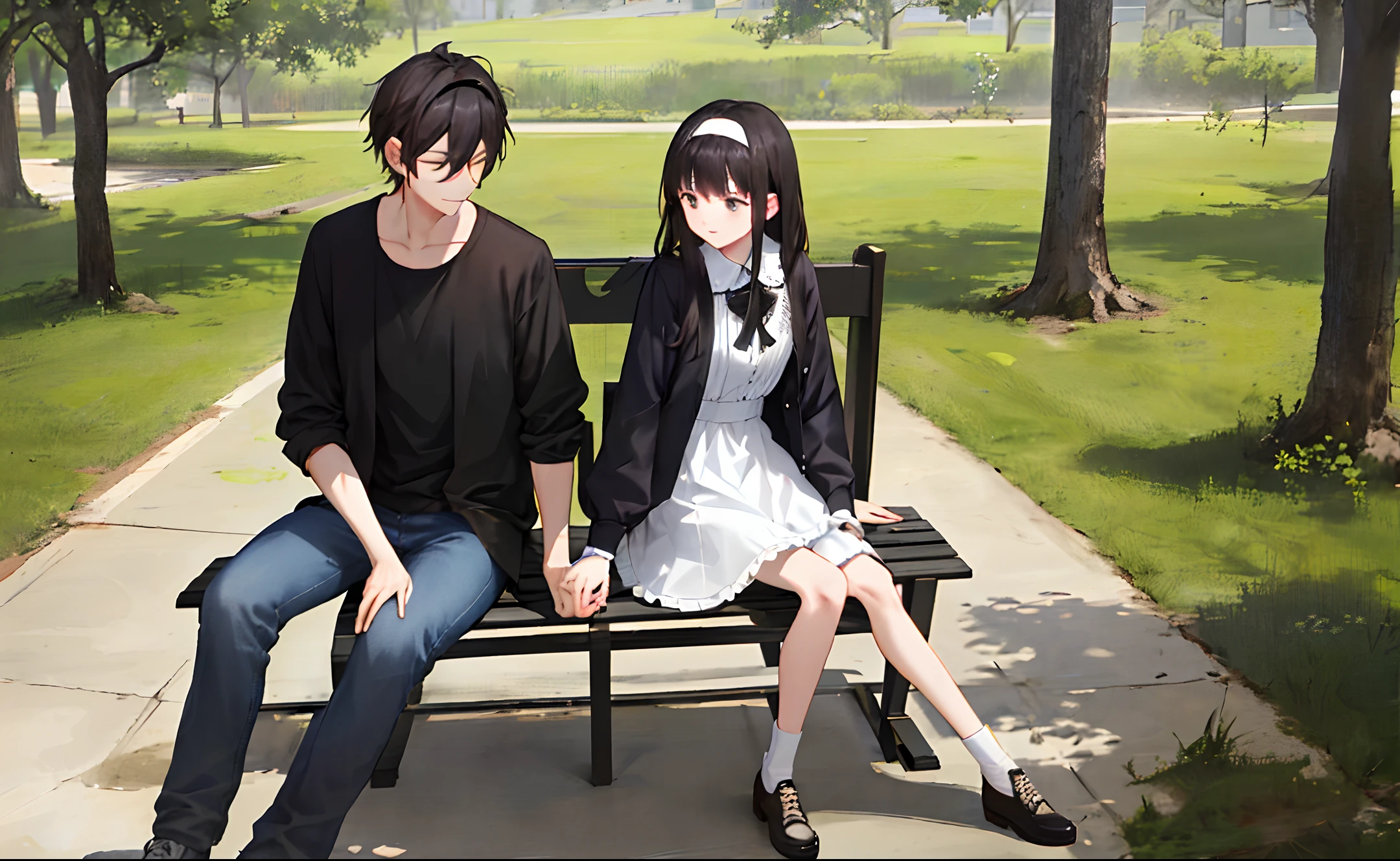 Best job, best quality, 2 people, couple, courtship, tall man wearing black shirt and jeans, black hair, short girl wearing white dress, black long hair, headband, park view, picnic, sitting