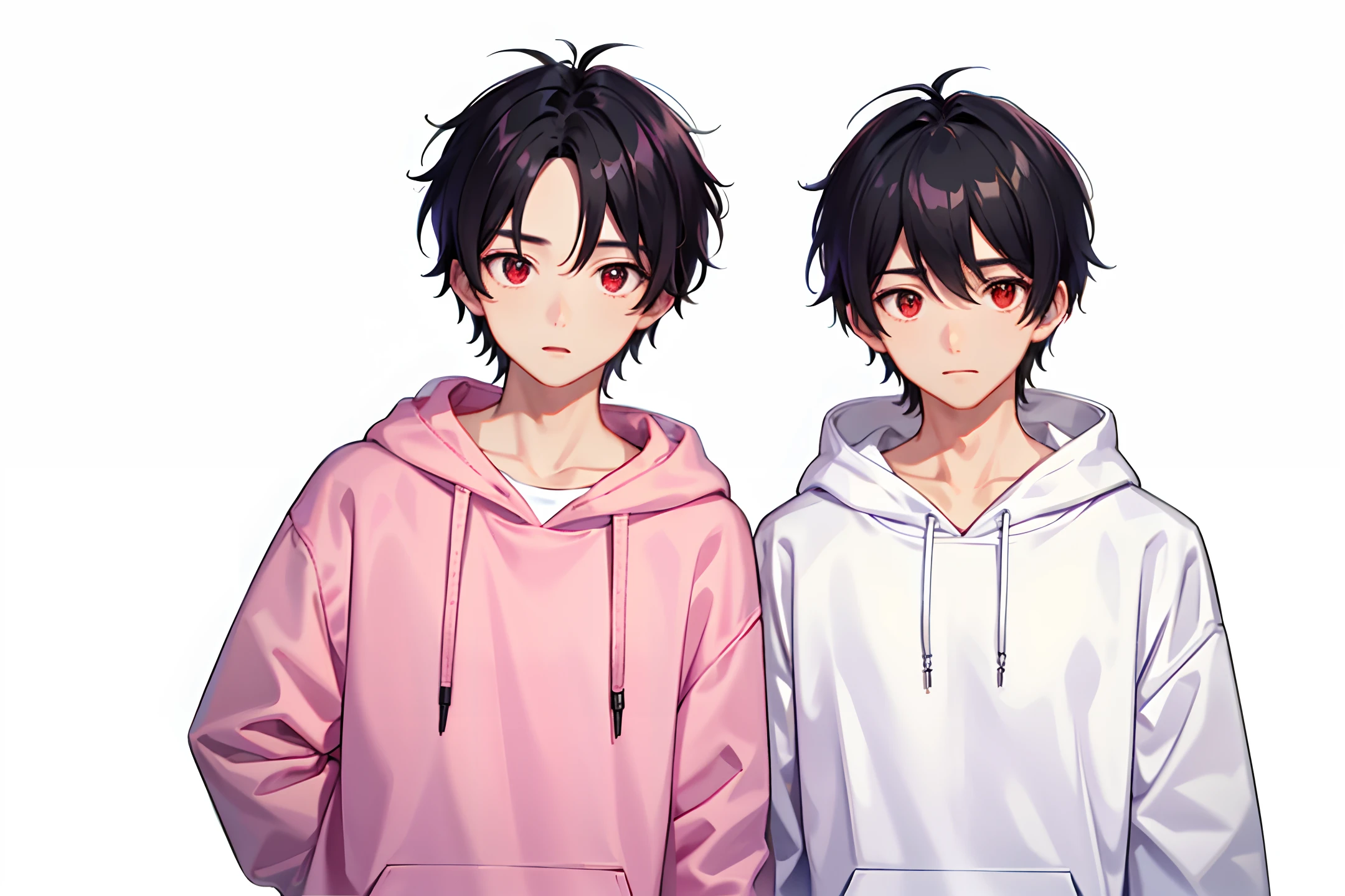 1 boy, handsome boy, black hair, comma hair, forehead comma hair, korean hair, street style, hoodie white pink, collor full background, shiny, Red eyes, looking at viewer, upper body
