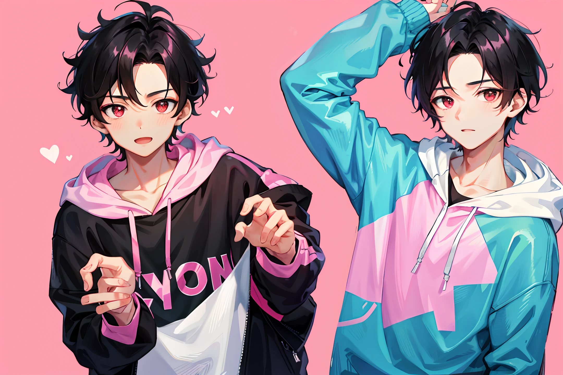 1 boy, handsome young boy, black short hair, comma hair, slightly forehead comma hair, korean hair, street style, hoodie white pink, white pink blue background, shiny, Red eyes, looking at viewer, potrait