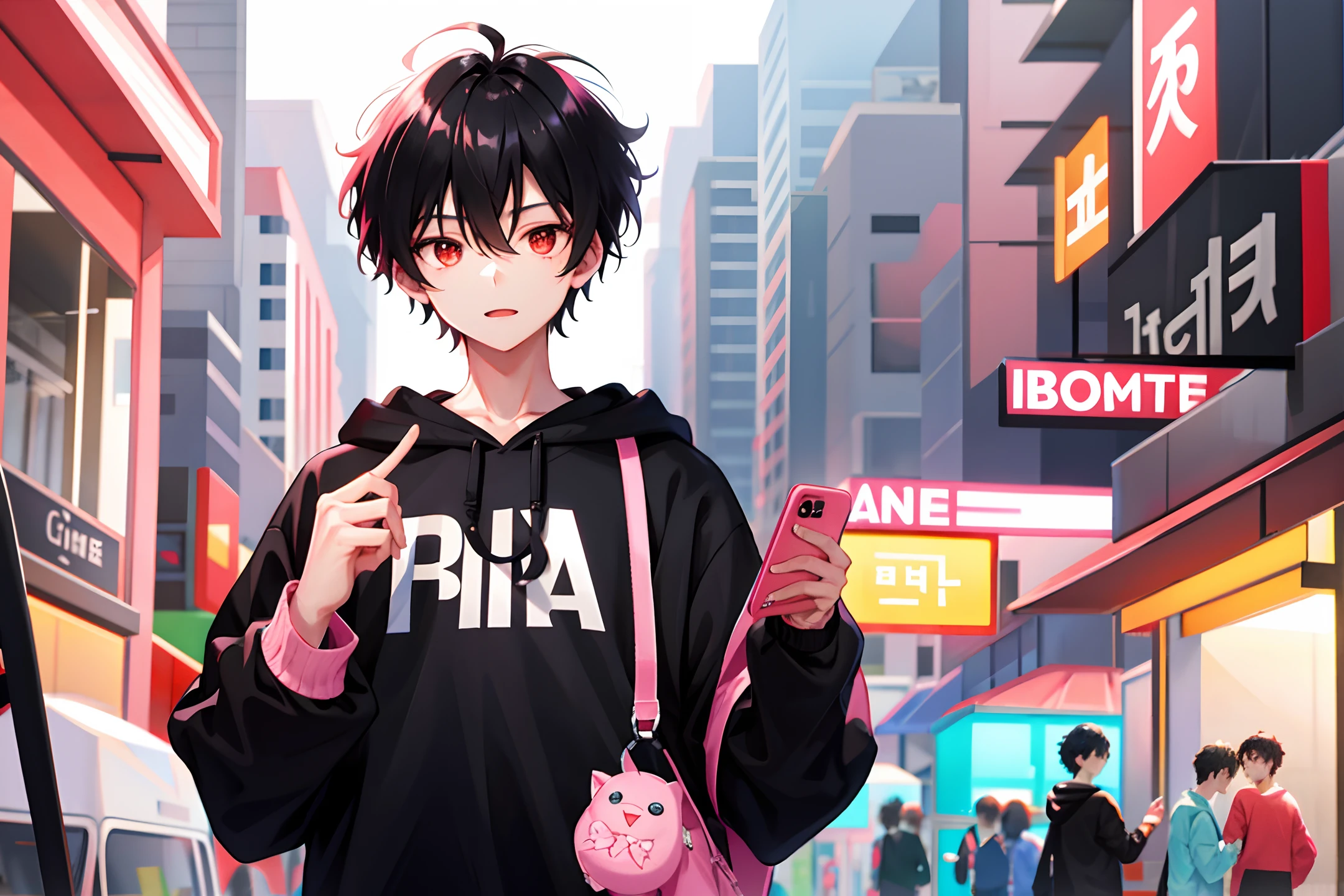 1 boy, black short hair, comma hair, slightly forehead comma hair, korean hair, street style, hoodie white pink, shiny, Red eyes, looking at viewer, potrait 