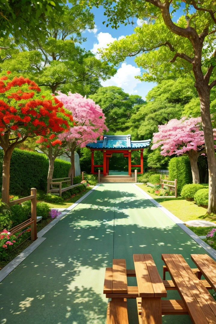 Anime - Paintings in the style of a garden with blooming trees and benches, anime background art, anime landscape concept art, beautiful anime scenery, Japanese art style, dreamy Chinese towns, beautiful anime scenes, realistic anime three-dimensional style, anime scenery, traditional Japanese conceptual art, anime backgrounds, beautiful anime artwork, beautiful digital artwork, drawn in the studio of an animated manga artist.