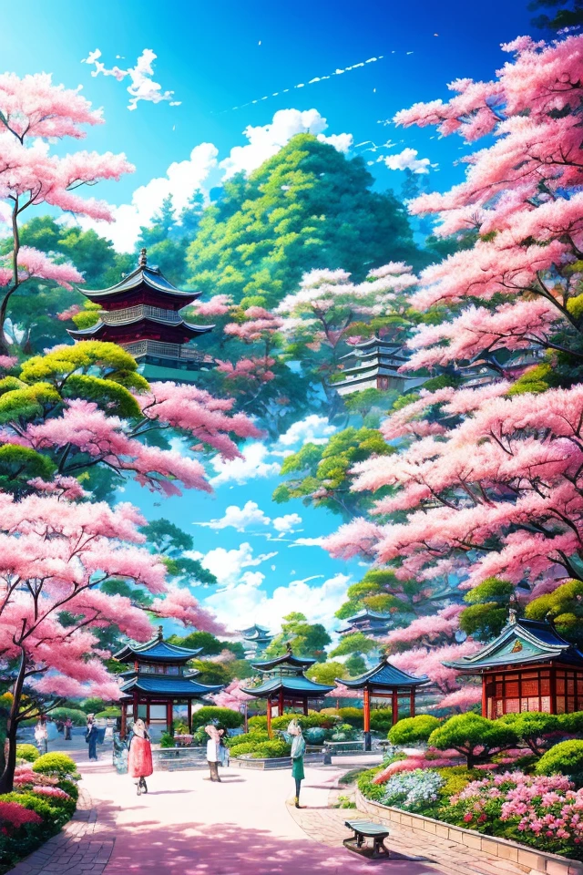 Anime - Paintings in the style of a garden with blooming trees and benches, anime background art, anime landscape concept art, beautiful anime scenery, Japanese art style, dreamy Chinese towns, beautiful anime scenes, realistic anime three-dimensional style, anime scenery, traditional Japanese conceptual art, anime backgrounds, beautiful anime artwork, beautiful digital artwork, drawn in the studio of an animated manga artist.