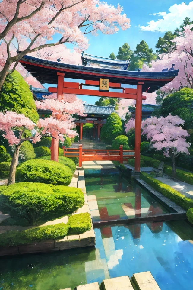 Anime - Paintings in the style of a garden with blooming trees and benches, detailed paintings by Yang J, pixiv, shin hanga, anime background art, anime landscape concept art, beautiful anime scenery, Japanese art style, dreamy Chinatown, beautiful anime scenes, realistic anime three-dimensional style, anime scenery, traditional Japanese conceptual art, anime backgrounds, beautiful anime artwork.