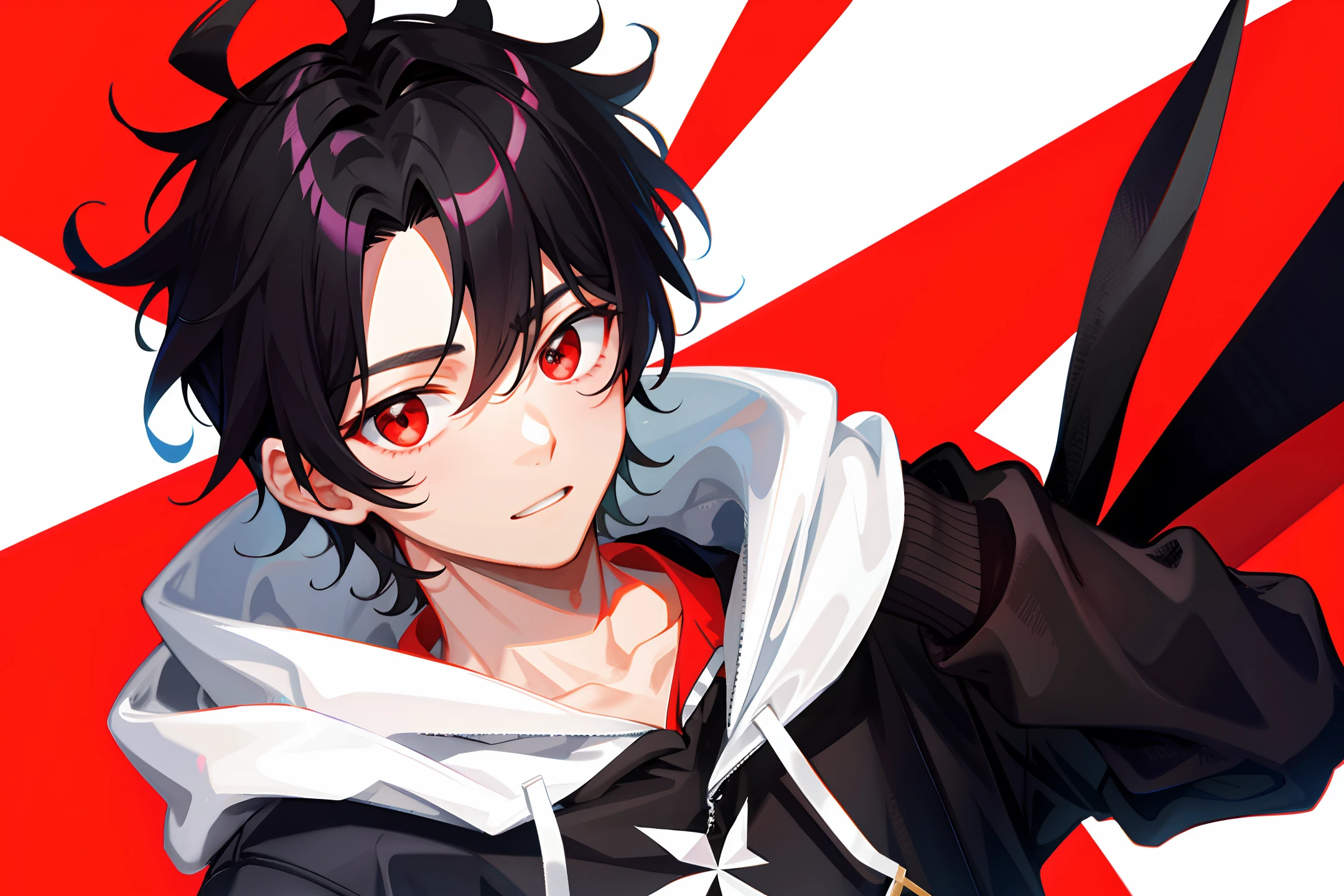 1 handsome boy, black hair, comma hair, forehead comma hair, korean hair, street style, hoodie, white background, shiny, Red eyes, looking at viewer, upper body
