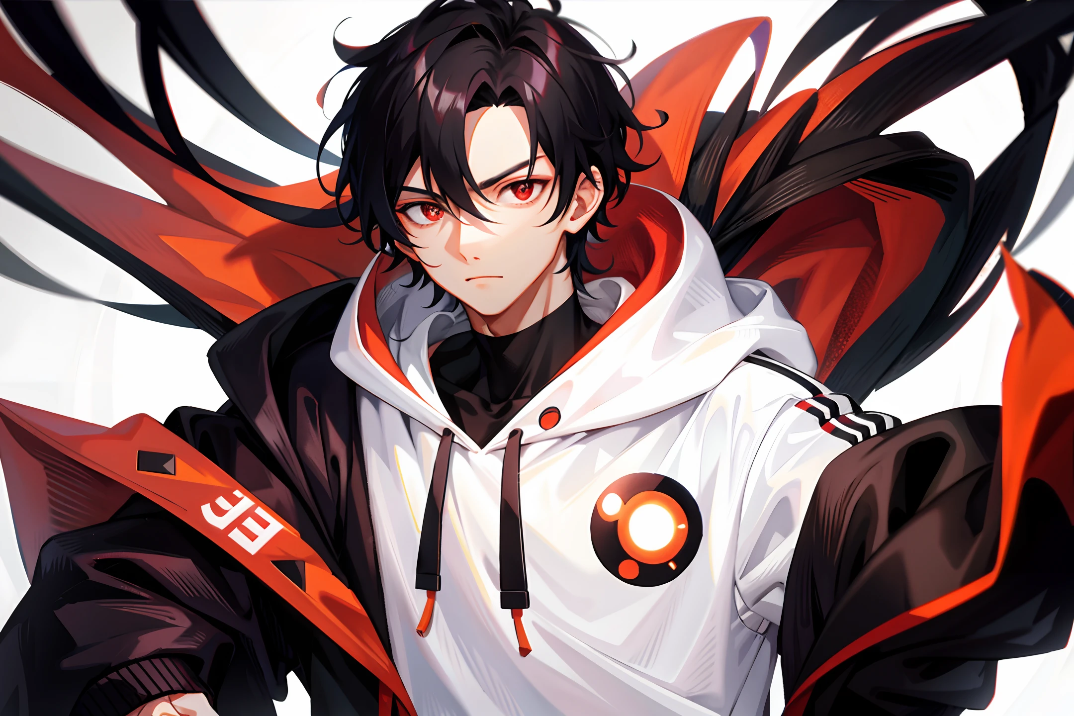 1 handsome boy, black hair, comma hair, forehead comma hair, korean hair, street style, hoodie, white background, shiny, Red eyes, looking at viewer, upper body
