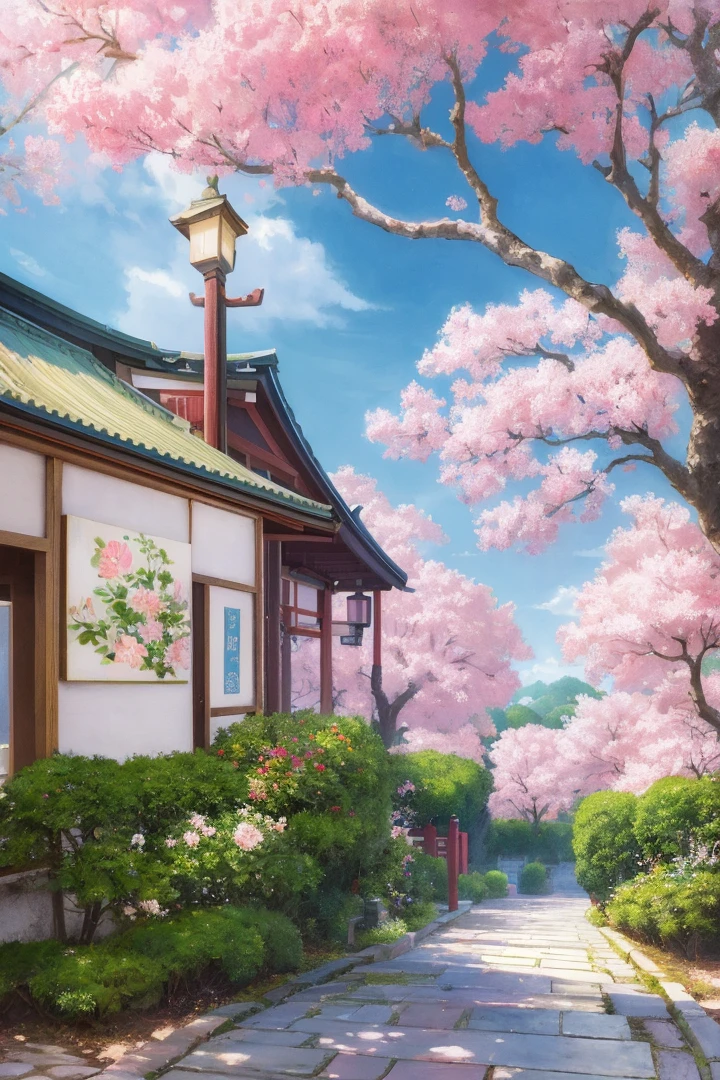 Anime - Paintings in the style of a garden with blooming trees and benches, detailed paintings by Yang J, pixiv, shin hanga, anime background art, anime landscape concept art, beautiful anime scenery, Japanese art style, dreamy Chinatown, beautiful anime scenes, realistic anime three-dimensional style, anime scenery, traditional Japanese conceptual art, anime backgrounds, beautiful anime artwork. (intricate, very detailed, professional, bright, artstation trend, realistic, beautiful, HD, 8K), Anna Razumovskaya and Artgerm Lau and Bella Kotak