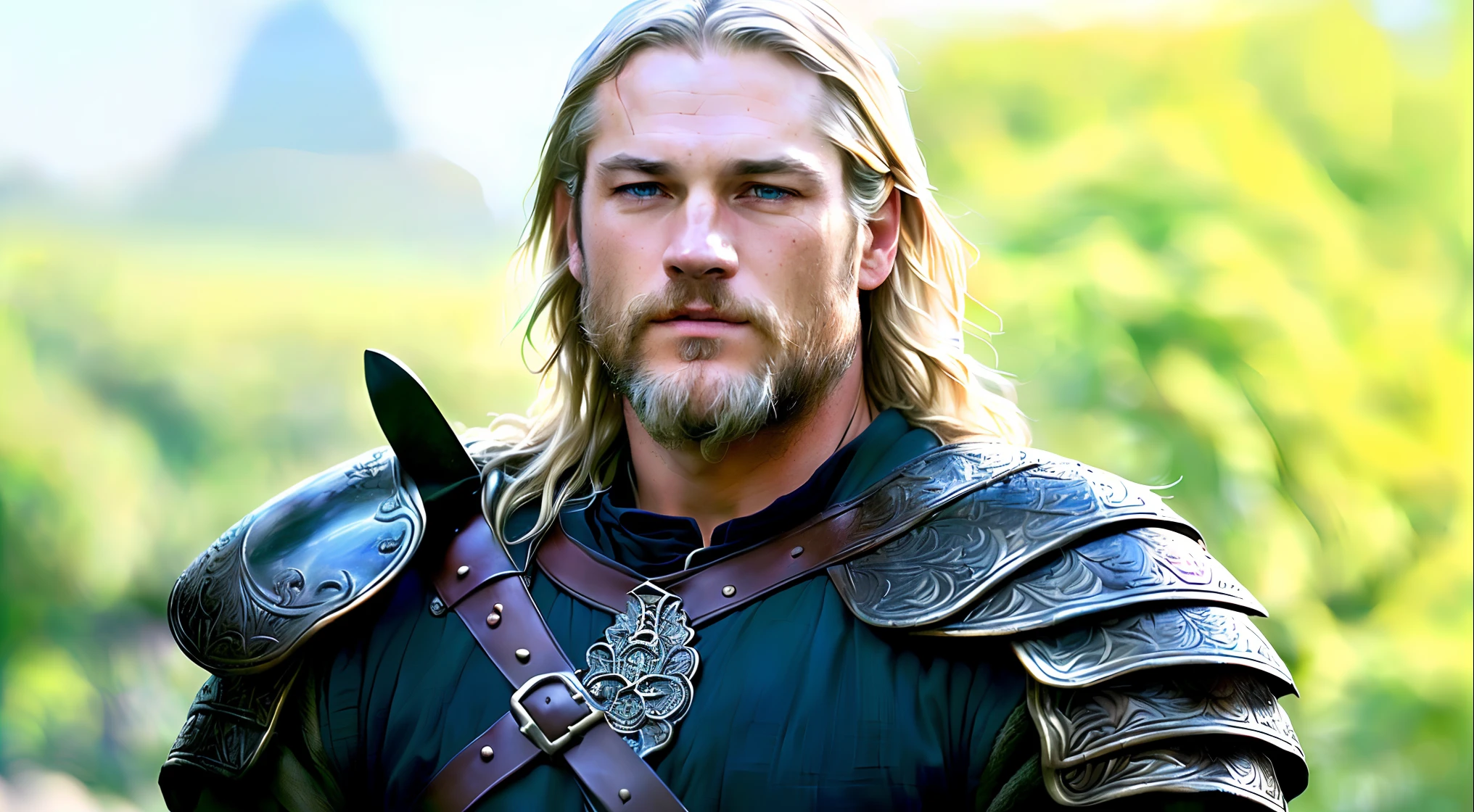 Portrait of actor Travis Fimmel as Geralt of Rivia at night, his face is illuminated by the full moon, he has a beard, he stands, model shooting style (extremely detailed CG unity 8k wallpaper), full frame photography of the most beautiful work of art in the world, medieval armor, professional majestic oil painting by Ed Blinky, Eti Geylan, Studio Ghibli, Jeremy My Manna, Greg Manchess, Antonio Moro, trending on ArtStation, trending on CGSociety, intricate, highly detailed, clear focus, dramatic, photorealistic painting by Midjourney and Greg Rutkowski