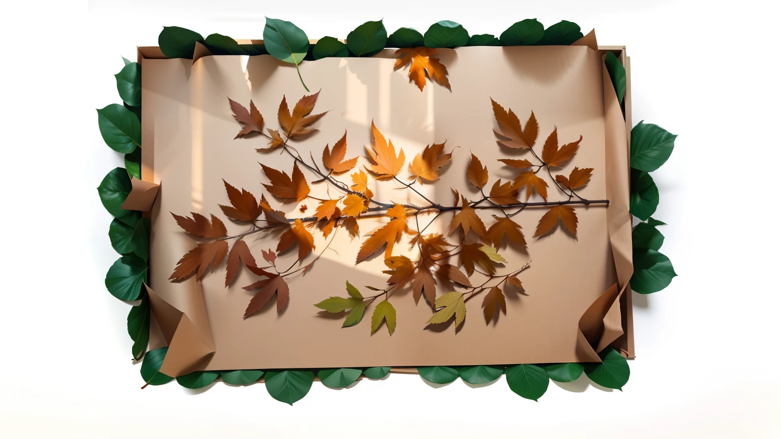 8k, best quality, masterpiece, leaves and kraft paper, realistic lighting and shadows, wide angle lens, high contrast.