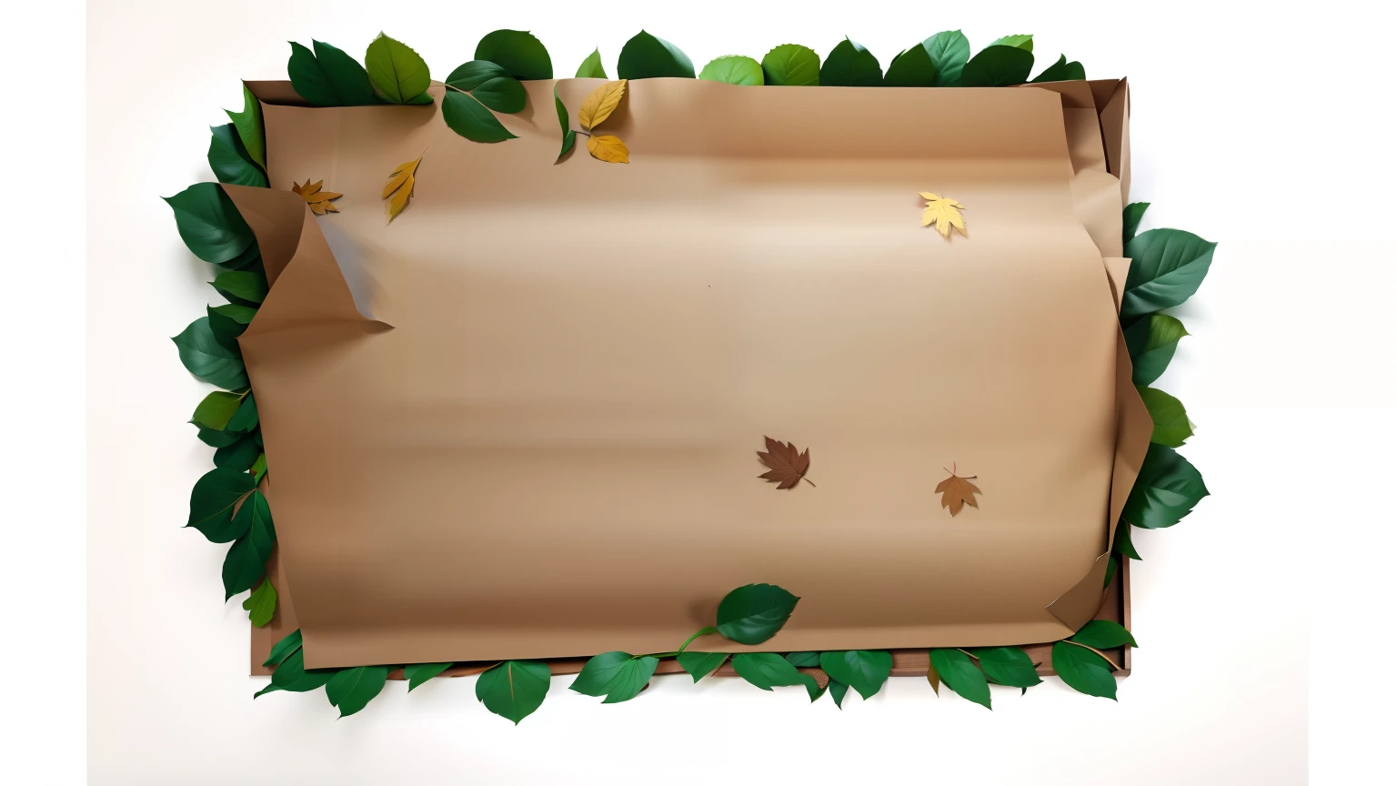 8k, best quality, masterpiece, leaves and kraft paper, realistic lighting and shadows, wide angle lens, high contrast.