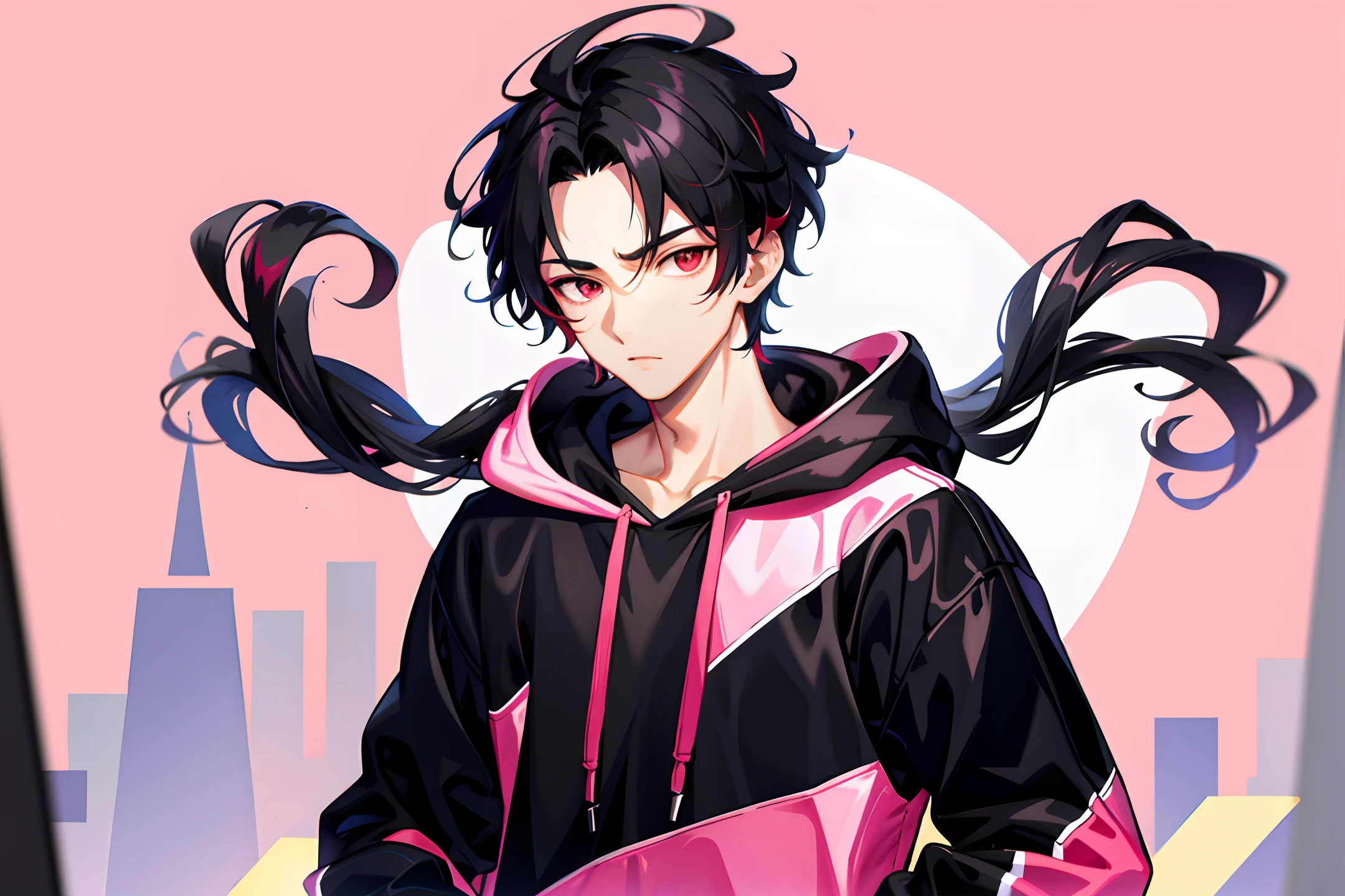 1 handsome boy, black hair, comma hair, forehead comma hair, korean hair, Red eyes, street style, hoodie white pink, color background, shiny, looking at viewer, upper body