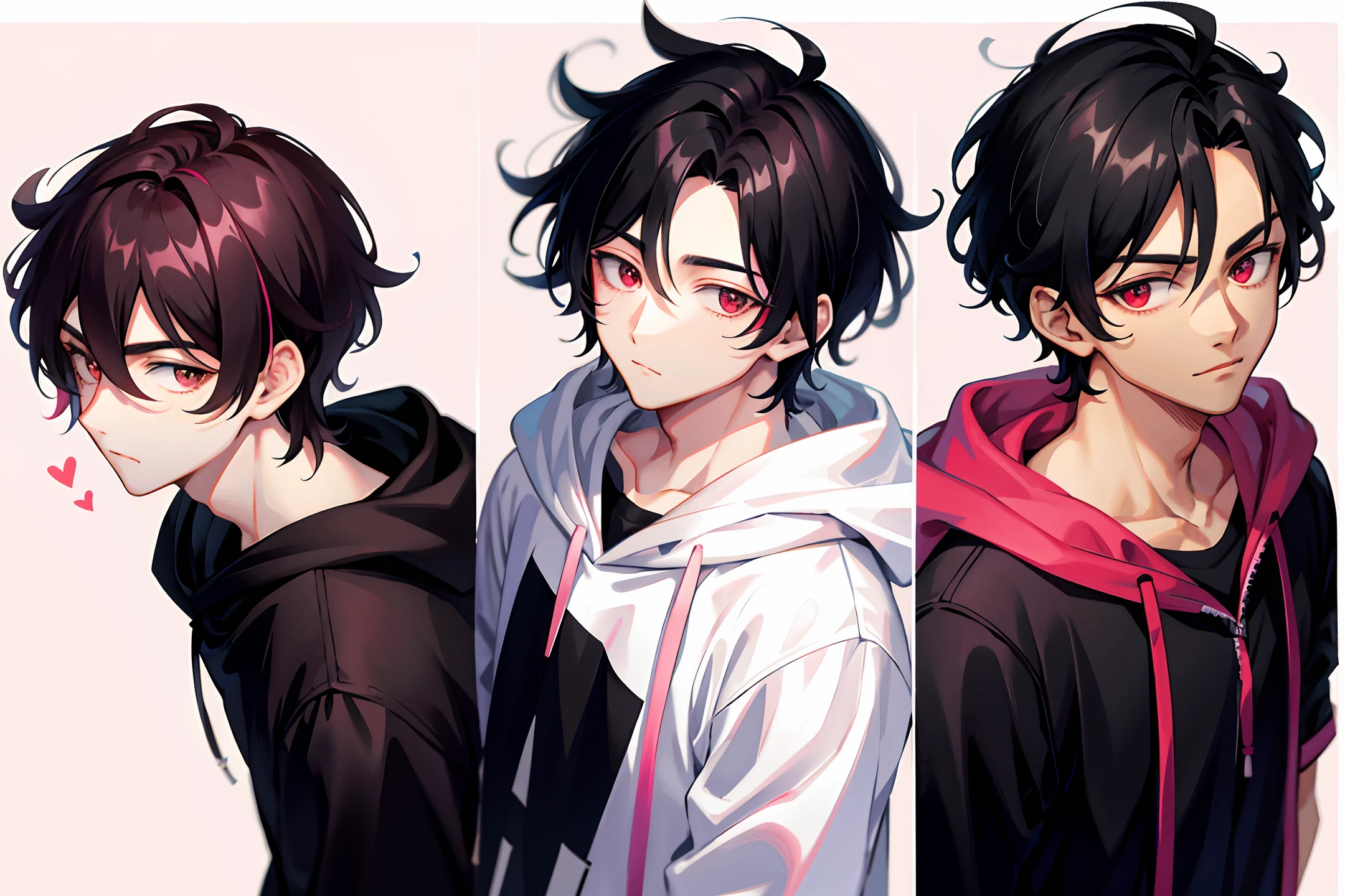 1 handsome boy, black hair, comma hair, forehead comma hair, korean hair, Red eyes, street style, hoodie white pink, color background, shiny, looking at viewer, upper body