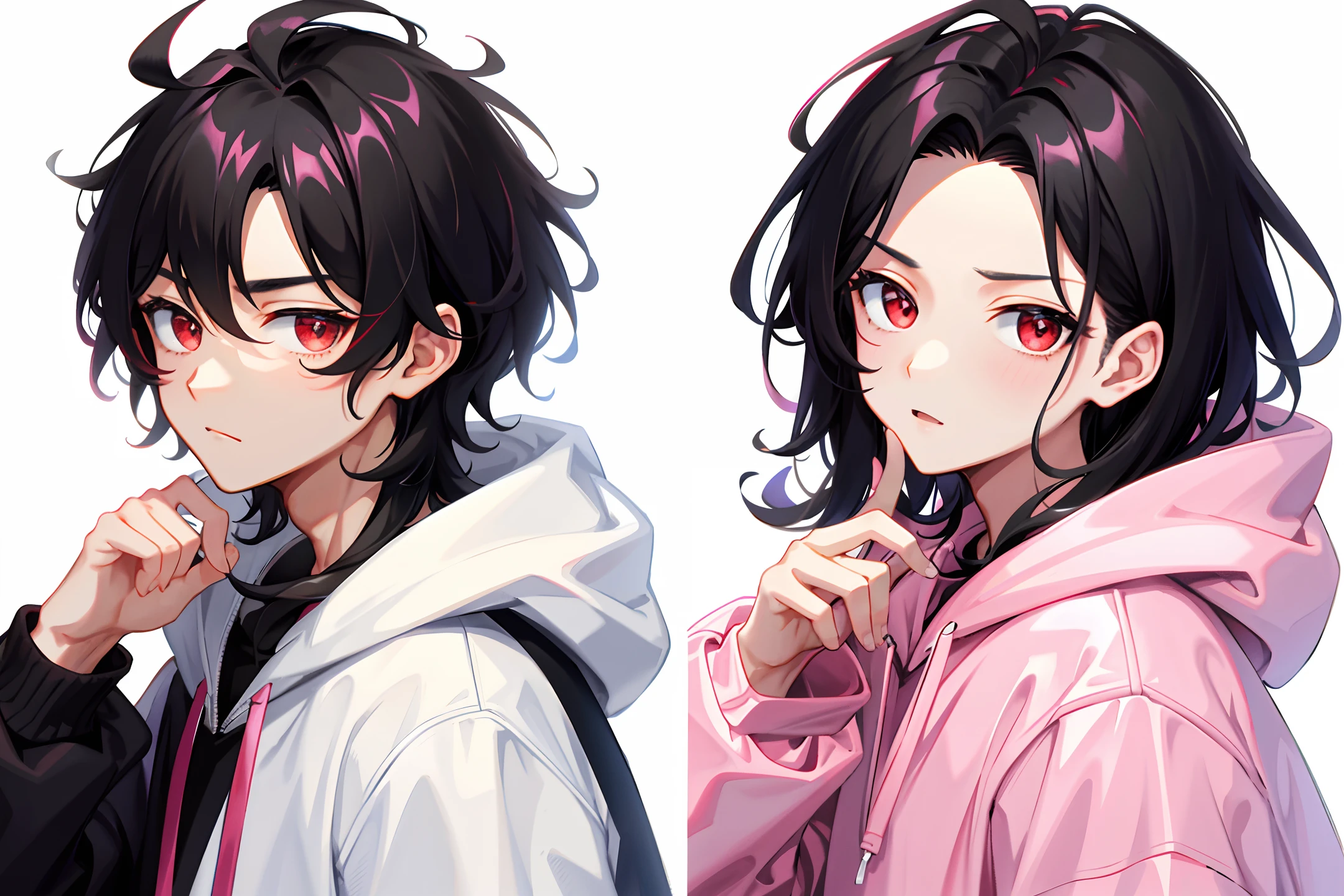 1 handsome boy, black hair, comma hair, forehead comma hair, korean hair, street style, pink and white hoodie, color full white background, shiny, Red eyes, looking at viewer, upper body
