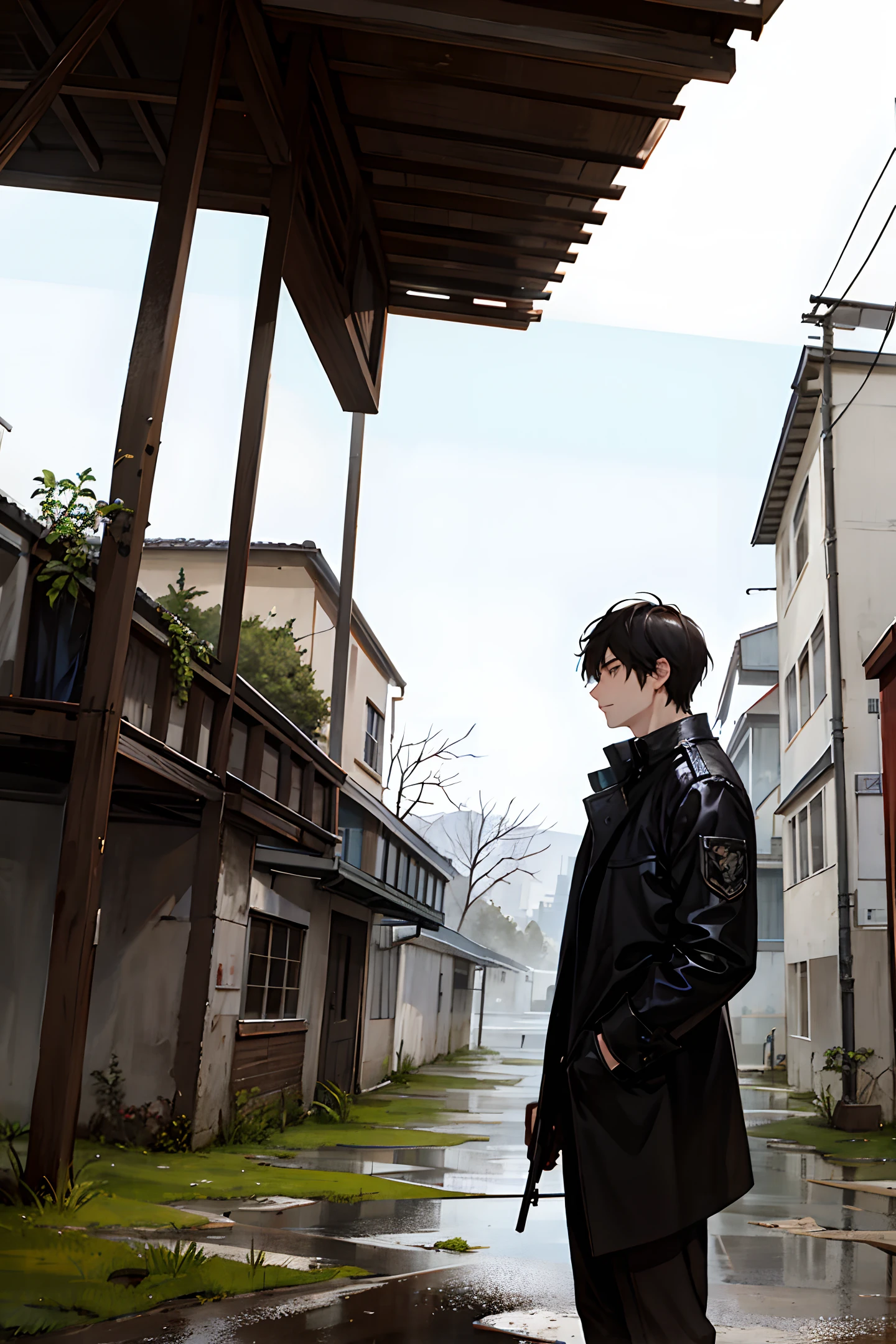 Dusk, dark sky, heavy rain, a young man with a weapon looking at the sky, a dilapidated and desolate city, a building full of plants