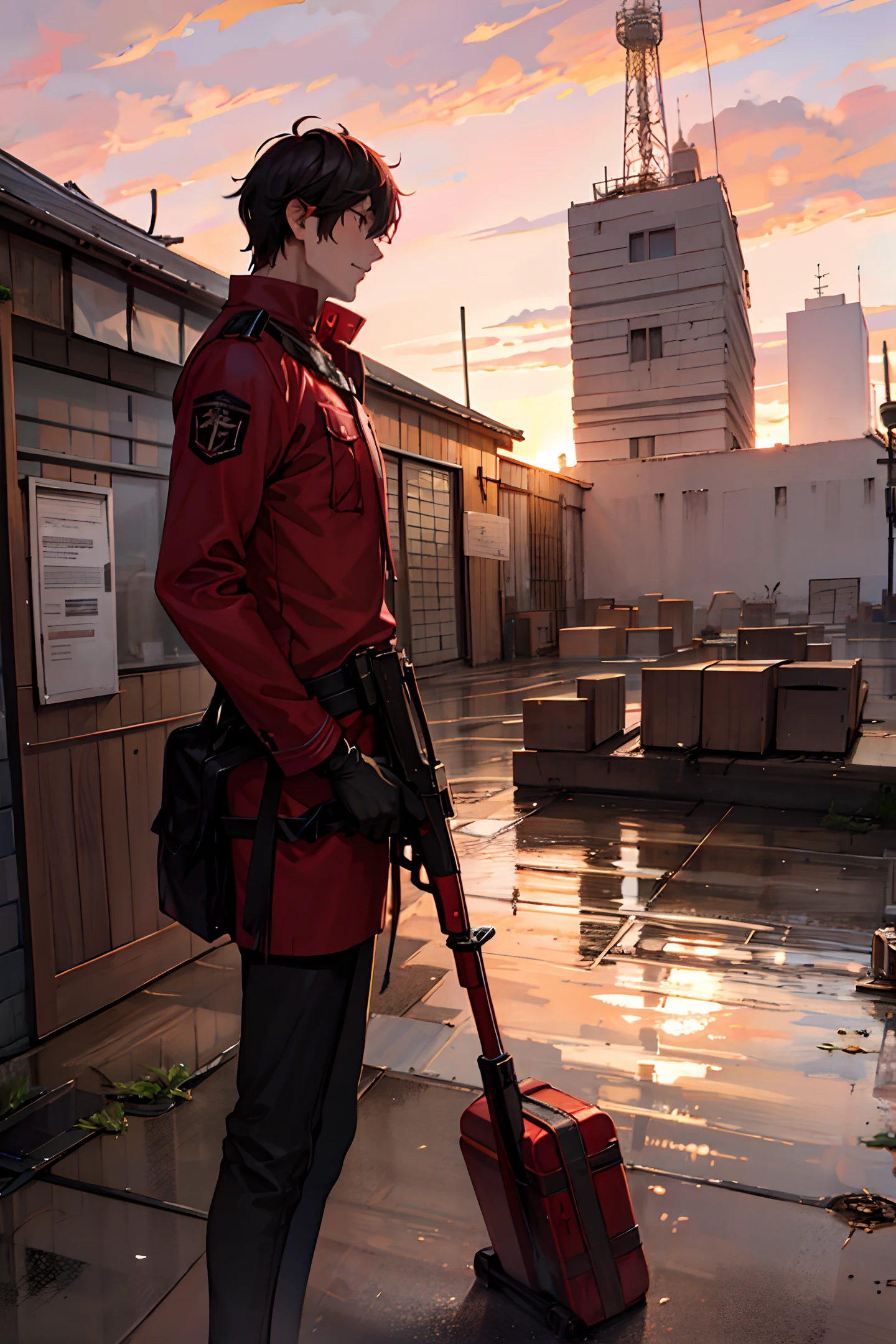 The sunset, the red sky, the heavy rain, a young man with a weapon looking at the sky, a dilapidated and desolate city, a building full of plants
