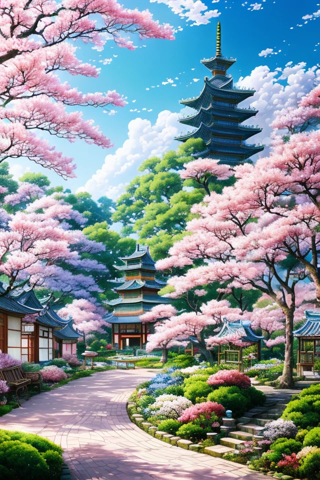 Animation - Garden-style paintings with trees and benches in full bloom, animation background art, anime landscape concept art, beautiful anime scenery, dreamy Chinese towns, beautiful anime scenes, realistic three-dimensional animation styles, animation landscapes, traditional Chinese conceptual art, animation backgrounds, beautiful animation artwork, beautiful digital artwork, drawn in the studio of an animated cartoonist.