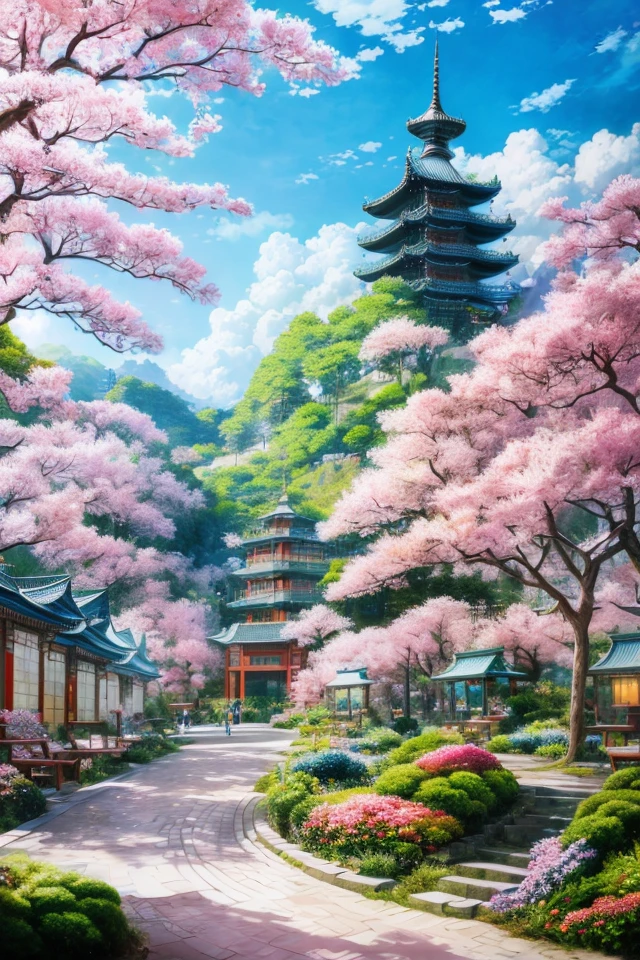 Animation - Garden-style paintings with trees and benches blooming, animated background art, animated landscape concept art, beautiful animated landscapes, dreamy Chinese towns, beautiful animation scenes, realistic 3D animation styles, animated landscapes, traditional Chinese conceptual art, animated backgrounds, beautiful animated artwork, beautiful digital artwork, drawn in the studio of an animated comic artist. (intricate, very detailed, professional, bright, artistic trend, realistic, beautiful, high definition, 8K), Anna Razumovskaya and Artgerm Lau and Bella Kotak