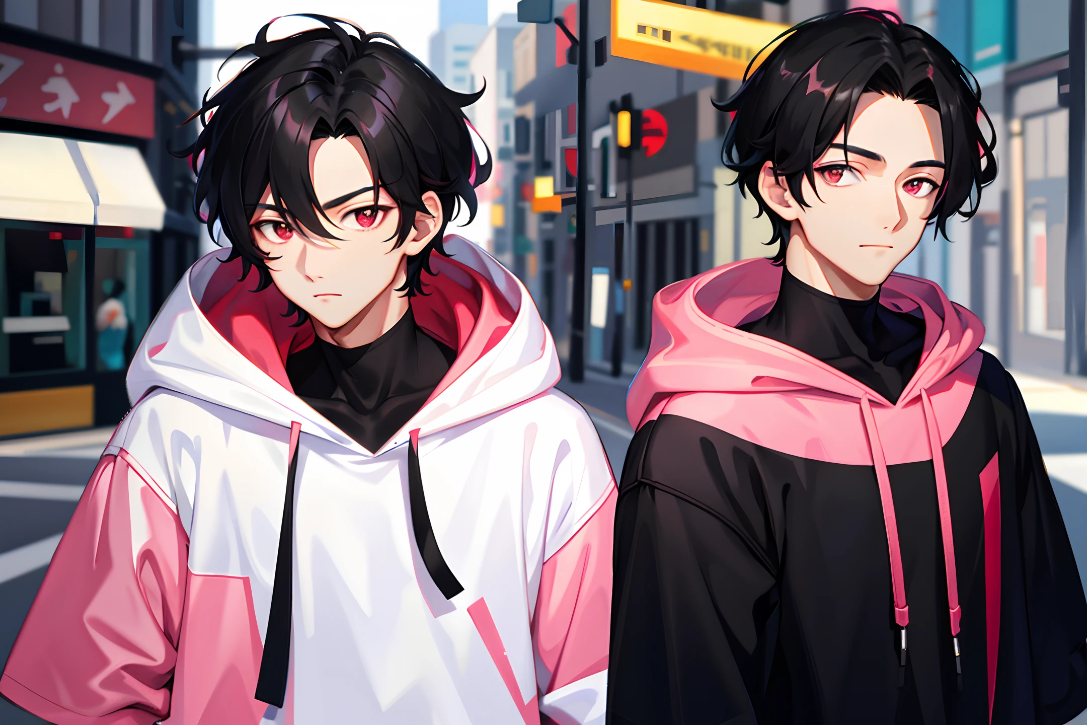 1 handsome boy, black hair, comma hair, forehead comma hair, korean hair, Red eyes, street style, white pink hoodie, color background, shiny, looking at viewer, upper body