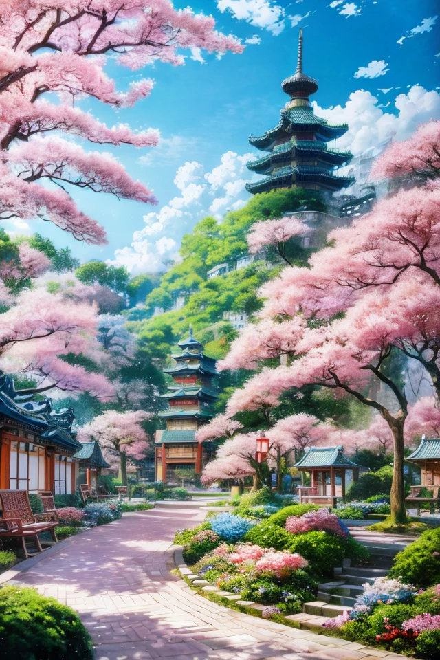 Animation - Garden-style paintings with blooming trees and benches, animated background art, animated landscape concept art, beautiful animated scenery, dreamy Chinese towns, beautiful animation scenes, realistic 3D animation styles, animated landscapes, traditional Chinese conceptual art, animated backgrounds, beautiful animated artwork, beautiful digital artwork, enhanced details, drawn in the animation cartoonist's studio.