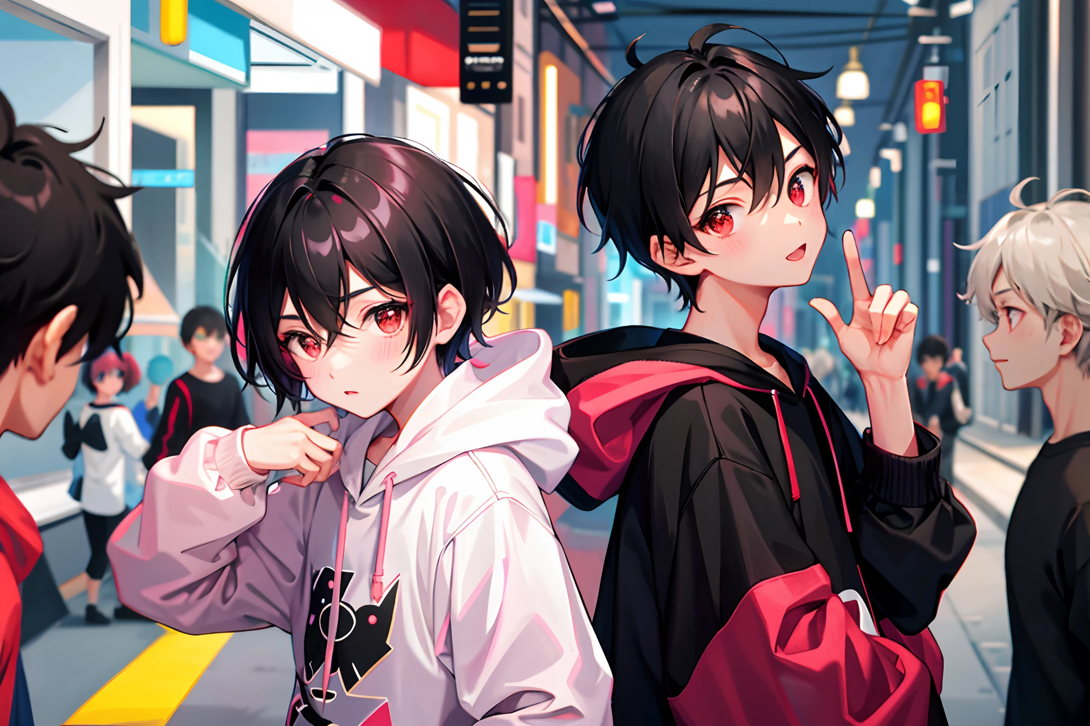 1 boy, black short hair, forehead comma hair, korean hair, street style, hoodie white pink, shiny, Red eyes, looking at viewer, potrait