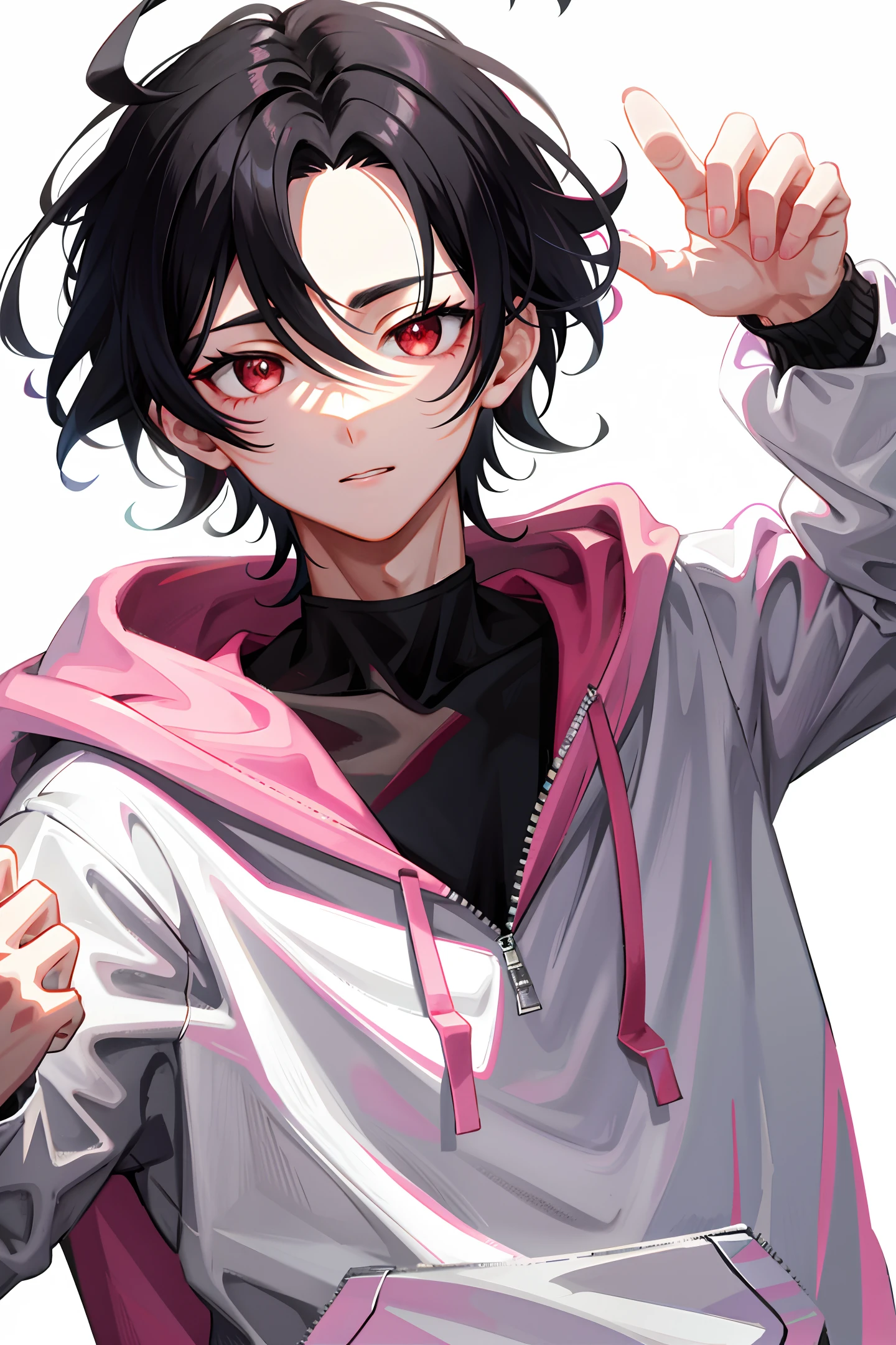 1 handsome boy, black hair, coma hair, comma hair forehead, korean hair, street style, pink hoodie, white background, sparkling, red eyes, looking at the viewer, upper body, cute face