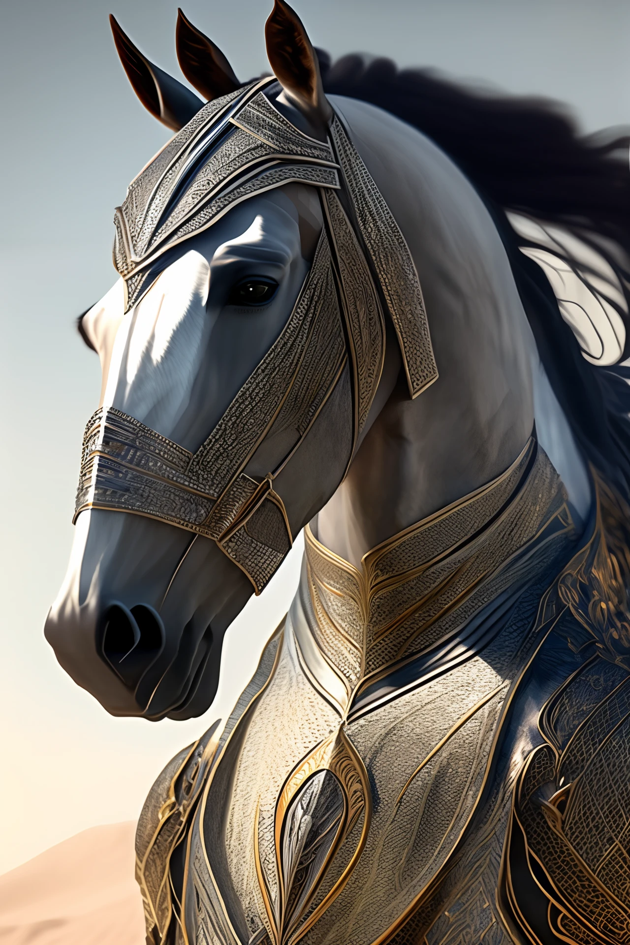 The horse's portrait is depicted in a striking half-sided pose, showing intricate designs, beautiful silver armor, and luxurious silk fabrics. This 4K masterpiece is enhanced with cinematic lighting