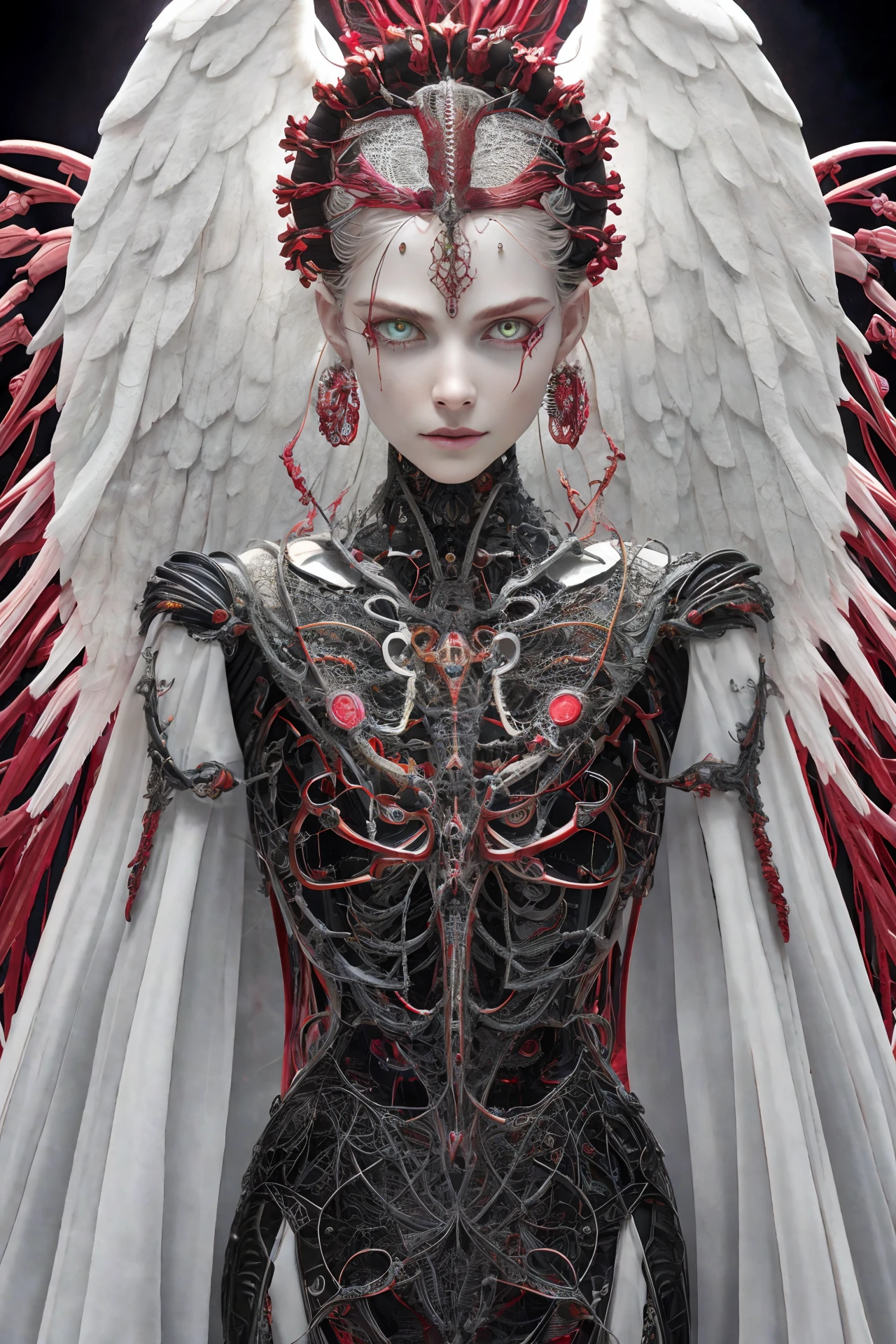 Intricate 3d rendering ultra-detailed beautiful angel of death, biomechanical robot, simulated 150mm lens, beautiful natural soft edge light, neon veins, roots, delicate leaf lace, colorful details, Boris Bidjan Saberi costume, pearl earrings, piercings, art nouveau fashion embroidery, intricate details, mesh lines, Mandelbrot fractals, facial muscles, cables, microchips, villains, surreal, ultra-detailed, octane, volumetric lighting, 8k and post-production, red The white has a little bit of black, Metal Skeleton Details, Half-Human, Iridescent, Glenn Brown Style, Futuristic Room, Power of God, High Angle Shot, Complex Body Poses