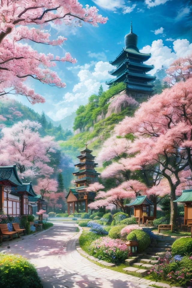 Animation - Garden-style paintings with blooming trees and benches, animated background art, animated landscape concept art, beautiful animated landscapes, dreamy Chinese towns, beautiful animated scenes, realistic three-dimensional animation styles, animated landscapes, traditional Chinese conceptual art, animated backgrounds, beautiful animated artwork, beautiful digital artwork, drawn in the studio of an animated cartoonist. (Intricate, very detailed, professional, bright, artistic trend, realistic, beautiful, high definition, 8K), Anna Razumovskaya and Artgerm Lau and Bella Kotak