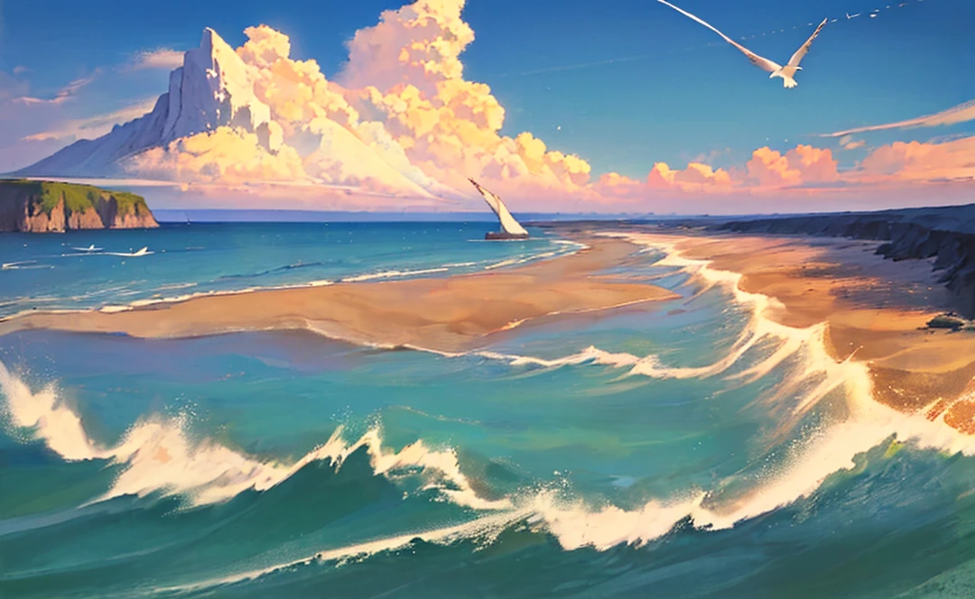 (masterpiece, best quality: 1.1), wide angle, seen from below, (white cliffs), mountains, blue sea, low tide, waves, rocky beach, trajectory, seagull, horizon, breeze, summer, morning, clear sky, clouds, calm, fresh air, sailboat, lighthouse, depth of field