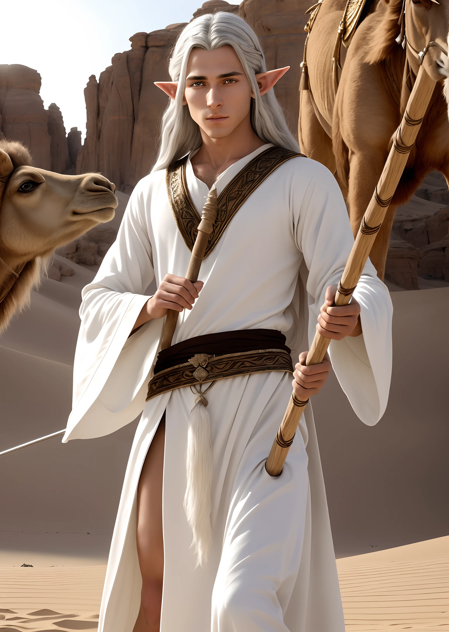Ultra-detailed high-definition thrilling young male elf, sharp silver long hair, black pupils, wearing a pure white elf robe with no legs exposed, holding a long wooden staff in one hand to cast spells. His face was sombre and graceful. He was leading a camel in the desert, with the pretty face of a scrawny woman.