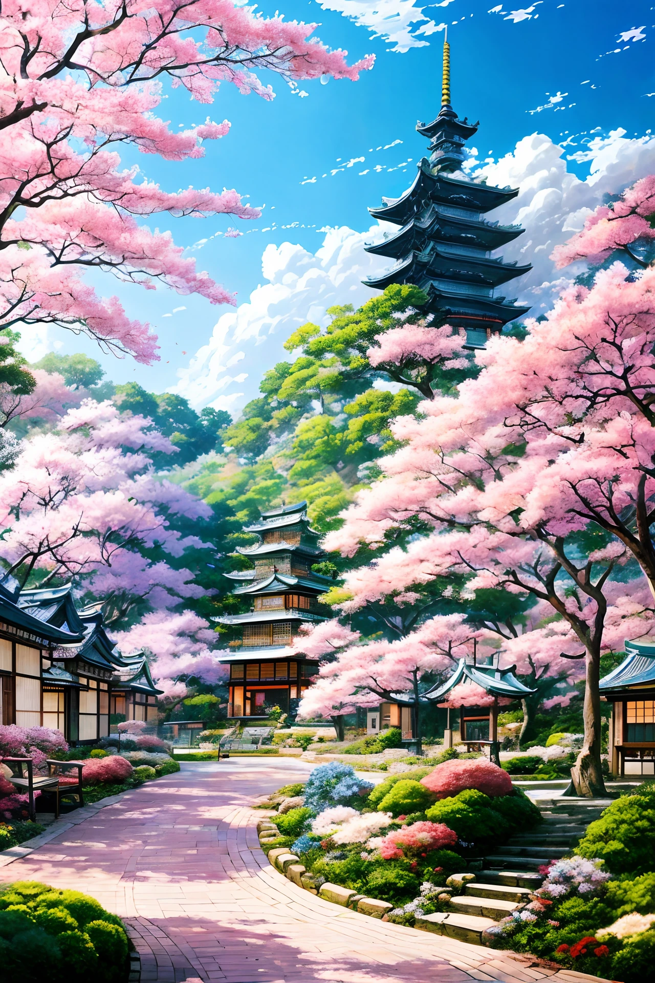 Anime - Paintings in the style of a garden with blooming trees and benches, anime background art, anime landscape concept art, beautiful anime scenery, Japanese art style, dreamy Chinese towns, beautiful anime scenes, realistic anime three-dimensional style, anime scenery, traditional Japanese conceptual art, anime backgrounds, beautiful anime artwork, beautiful digital artwork, drawn in the studio of an animated manga artist.