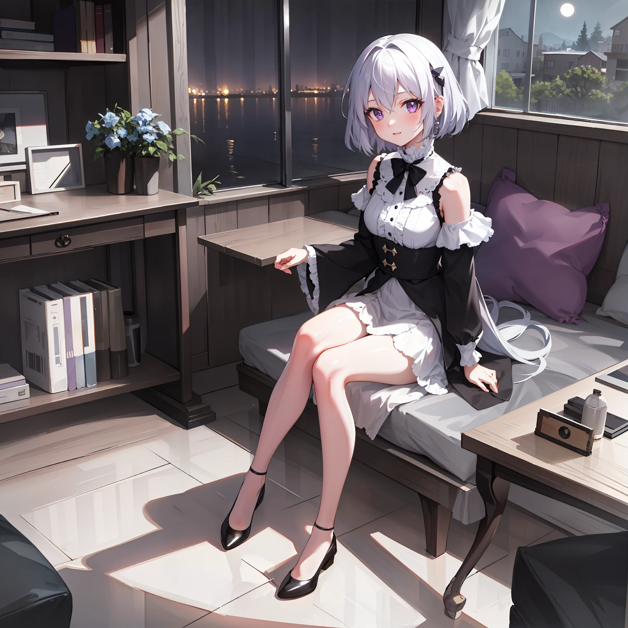 High resolution, highest quality, illustration, cinematic light, ultra-detailed face, (detailed eyes), best quality, ultra-detailed, masterpiece, (detailed face), 1girl, girl, white hair, purple eyes, highest detail, glowing eyes, medium breathing, sitting on the bed, sitting, bed, window, night sky, lake outside, moon, full moon, backlight, light, (high contrast), (color),