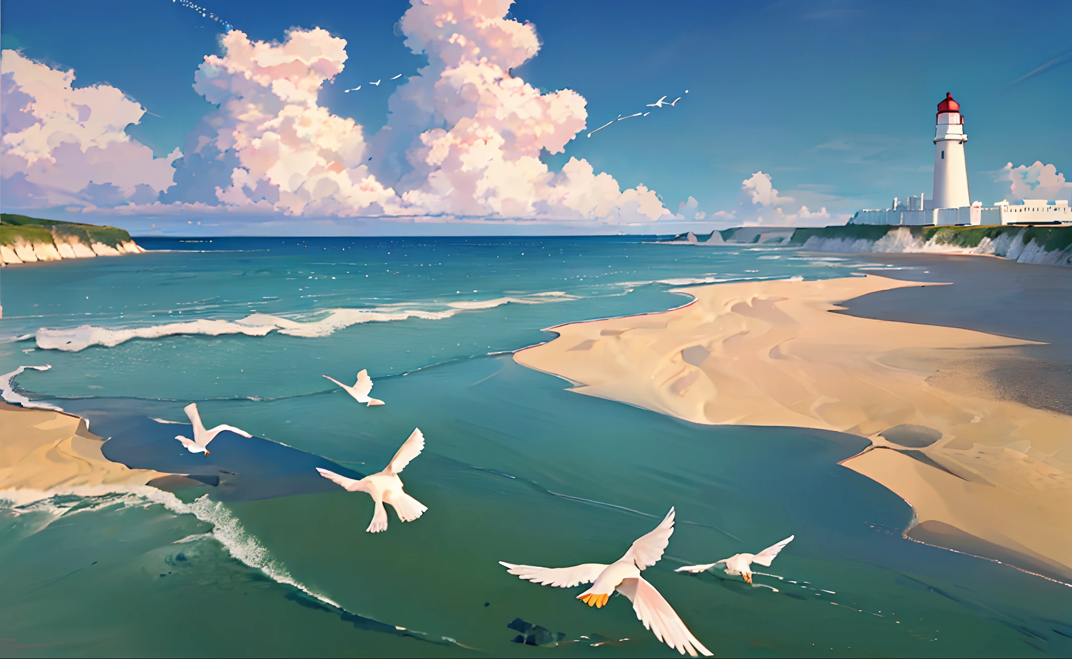 (masterpiece, best quality: 1.1), wide angle, seen from below, (white cliffs), mountains, blue sea, low tide, waves, rocky beach, trajectory, seagull, horizon, breeze, summer, morning, clear sky, clouds, calm, fresh air, sailboat, lighthouse, depth of field