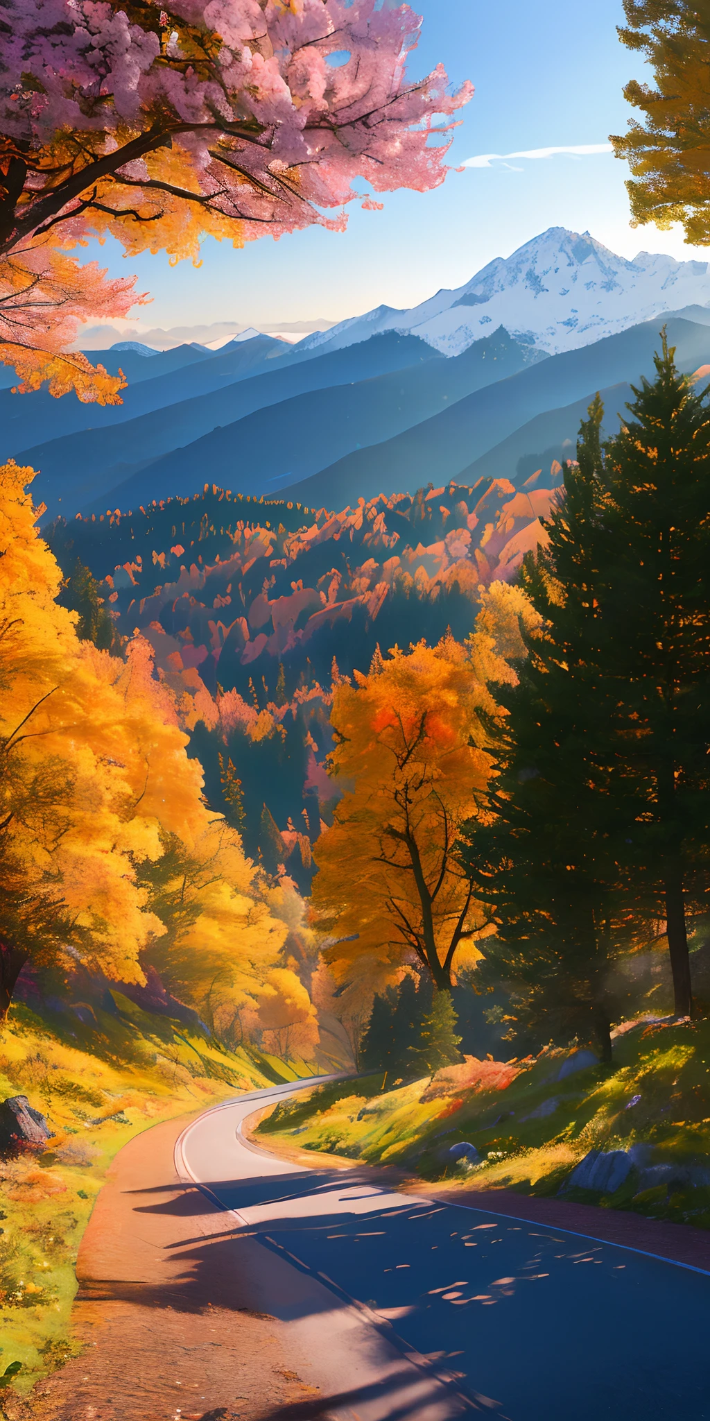 Masterpiece, best quality, high quality, highly detailed CG unified 8k wallpaper, beautiful landscape oil painting, award-winning photography, blurred background, depth of field, HDR, flowers, color difference, photo realism, very detailed, artstation trend, CGSociety trend, complex, high detail, Midway art and masterpiece, the best quality, extremely detailed CG unified 8k wallpaper, lush summer landscape, rolling green hills stretching to the horizon, decorated with yellow and red colored flowers and purple, volume lighting and A masterpiece, high quality, extremely detailed CG unified 8k wallpaper, serene autumn scenery, surrounded by golden yellow, fiery red, and burnt orange trees. The fresh air is filled with the sweet aroma of fallen leaves and wood smoke. The ground was covered with a layer of warm leaves, rustling underfoot. In the distance, a mist-shrouded mountain, three-dimensional lighting and masterpieces, the highest quality, high-quality, and extremely detailed CG unified 8k wallpaper, snowsuits covered the amazing winter landscape, creating a sparkling white and cool blue world. Tall evergreen trees are tall and proud; their branches have been crushed by heavy snow, three-dimensional lighting, and masterpieces. The highest quality, high quality, and extremely detailed CG unifies a vibrant spring landscape full of new life and color. The rolling hills are covered with green carpets, adorned with delicate wildflowers in shades of pink, purple, and yellow, and three-dimensional lighting