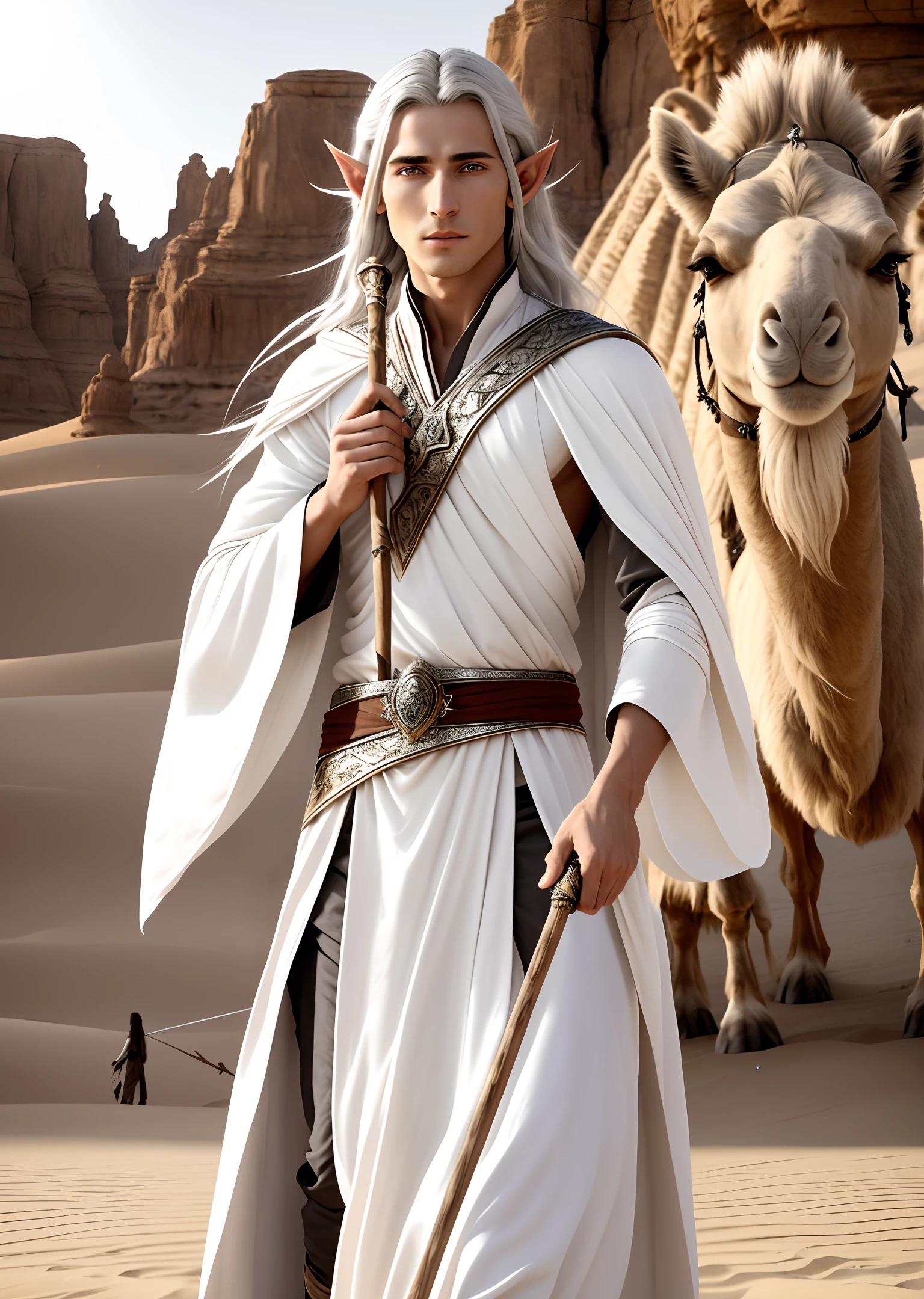 Ultra-detailed HD thrilling young male elf with long sharp silver hair, black pupil in pure white elves robe with no legs exposed, one hand holding long wooden staff casting spell. His face was gloomy and elegant. He is leading a camel in the desert with the beautiful face of a cruel woman.