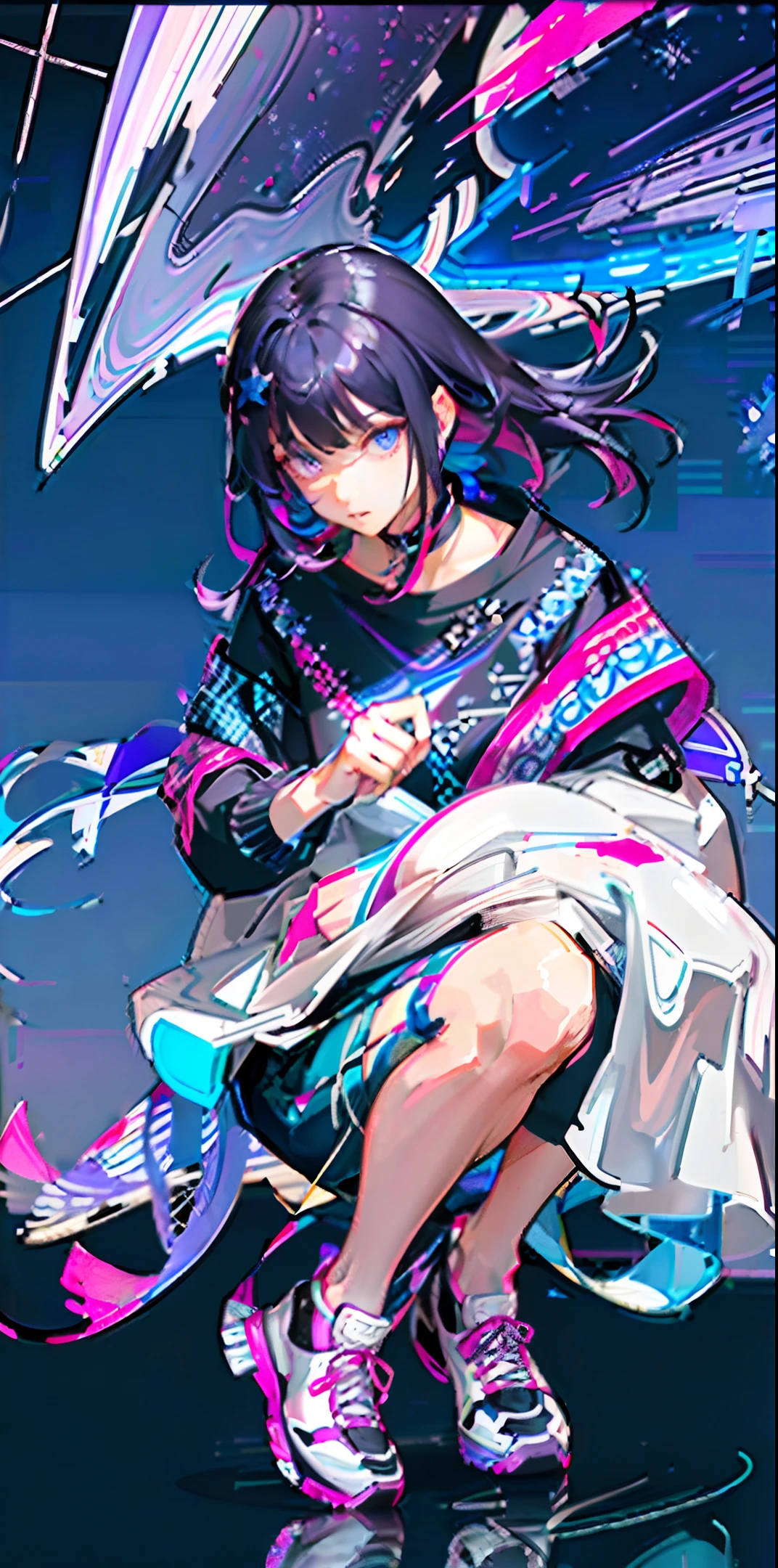 Hush Cut, black hair, bangs, multicolored paint, (purple, sky blue, pink eyes), high contrast, shirt, light purple knit, purple flowers, lace on the shoulders, stars, black belt decoration, dynamic posture, squatting in the center of the figure, white sneakers, low angle, masterpiece, high quality, glass sculpture, windy shawl, night sky