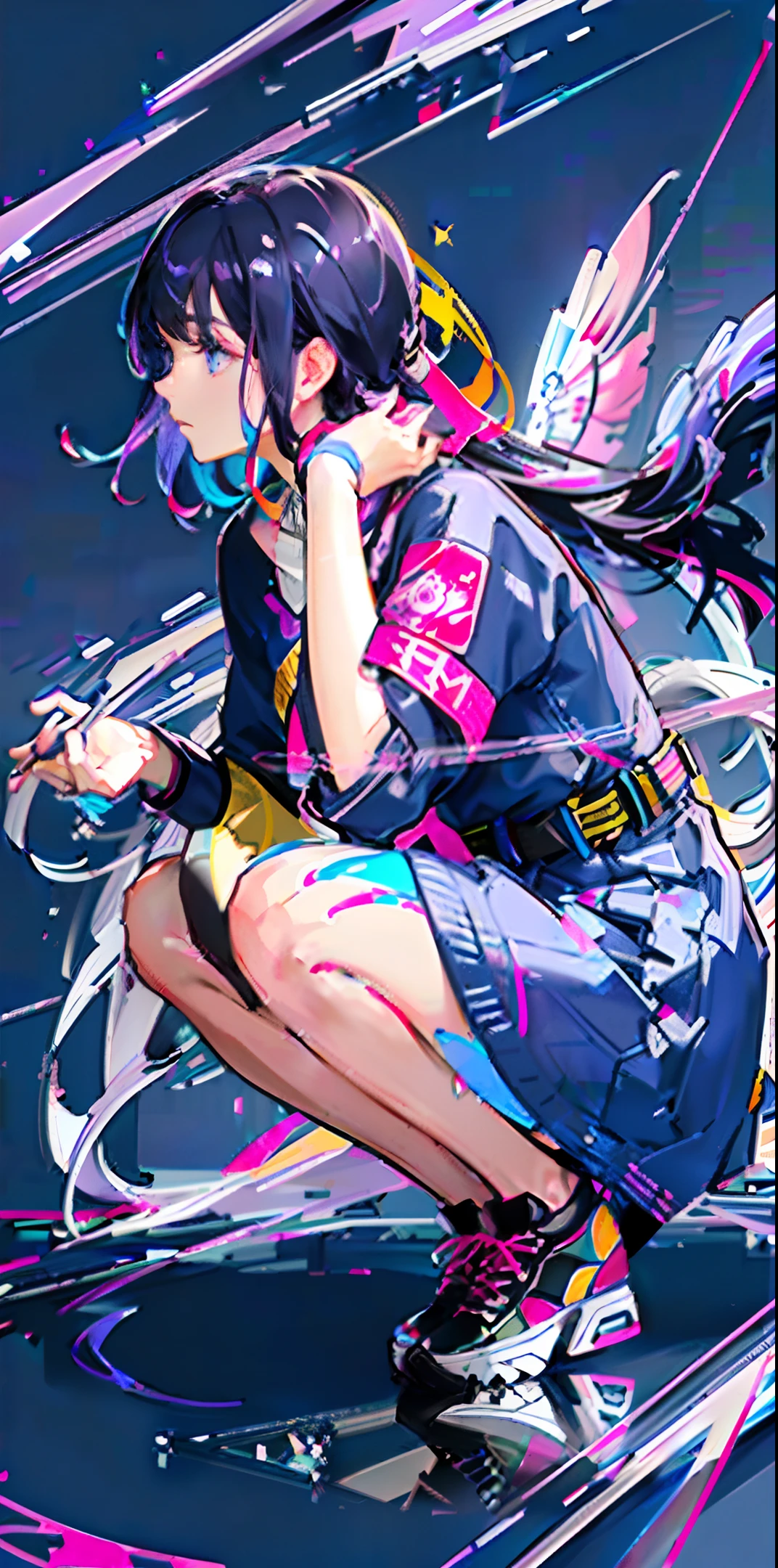 Hush Cut, black hair, bangs, multicolored paint, (purple, sky blue, pink eyes), high contrast, shirt, light purple knit, purple flowers, lace on the shoulders, stars, black belt decoration, dynamic posture, squatting in the center of the figure, white sneakers, low angle, masterpiece, high quality, glass sculpture, windy shawl, night sky