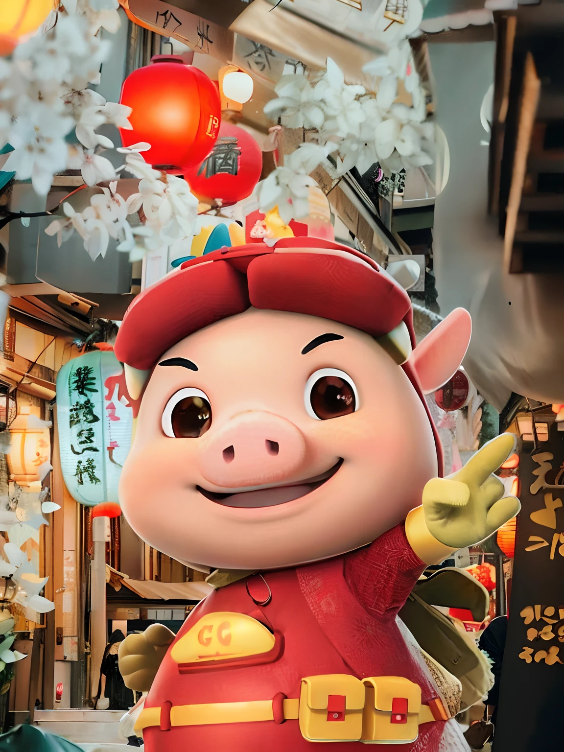 Cartoon style (GG Bond) pig nose, waist bag, Japanese lantern, cartoon red bodysuit, street, shopping