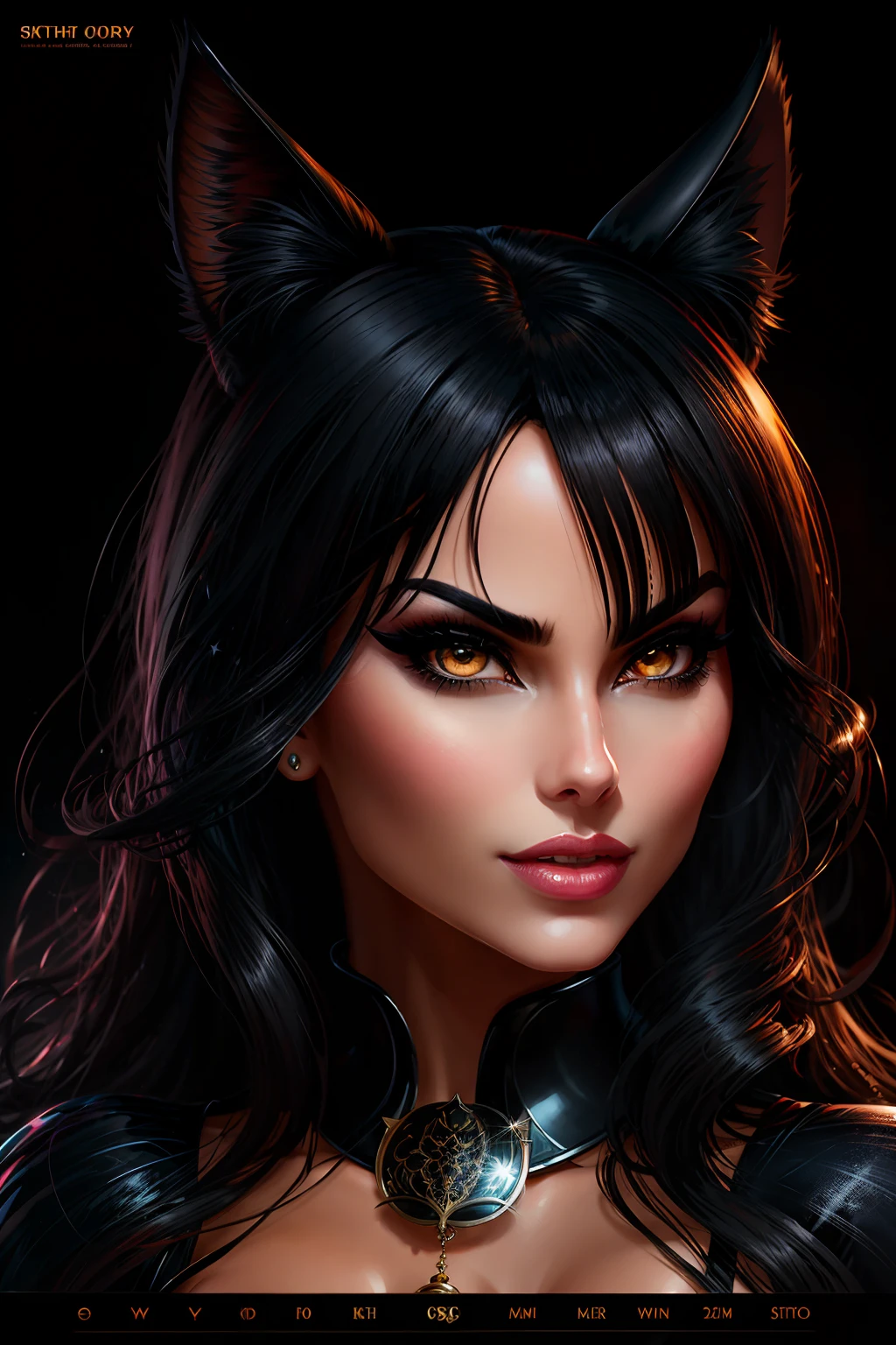 (Award Winning Digital Artwork:1.3) of (Sketch:1.3),(Energetic:1.3) Black Cat, WendyFiore,CGSociety,ArtStation,(Saturated:1.3),(close portrait:1.3),(Feminine:1.4),(beautiful:1.4),(attractive:1.3),handsome,calendar pose,perfectly detailed eyes,studio lighting,thematic background, Evil-Lyn