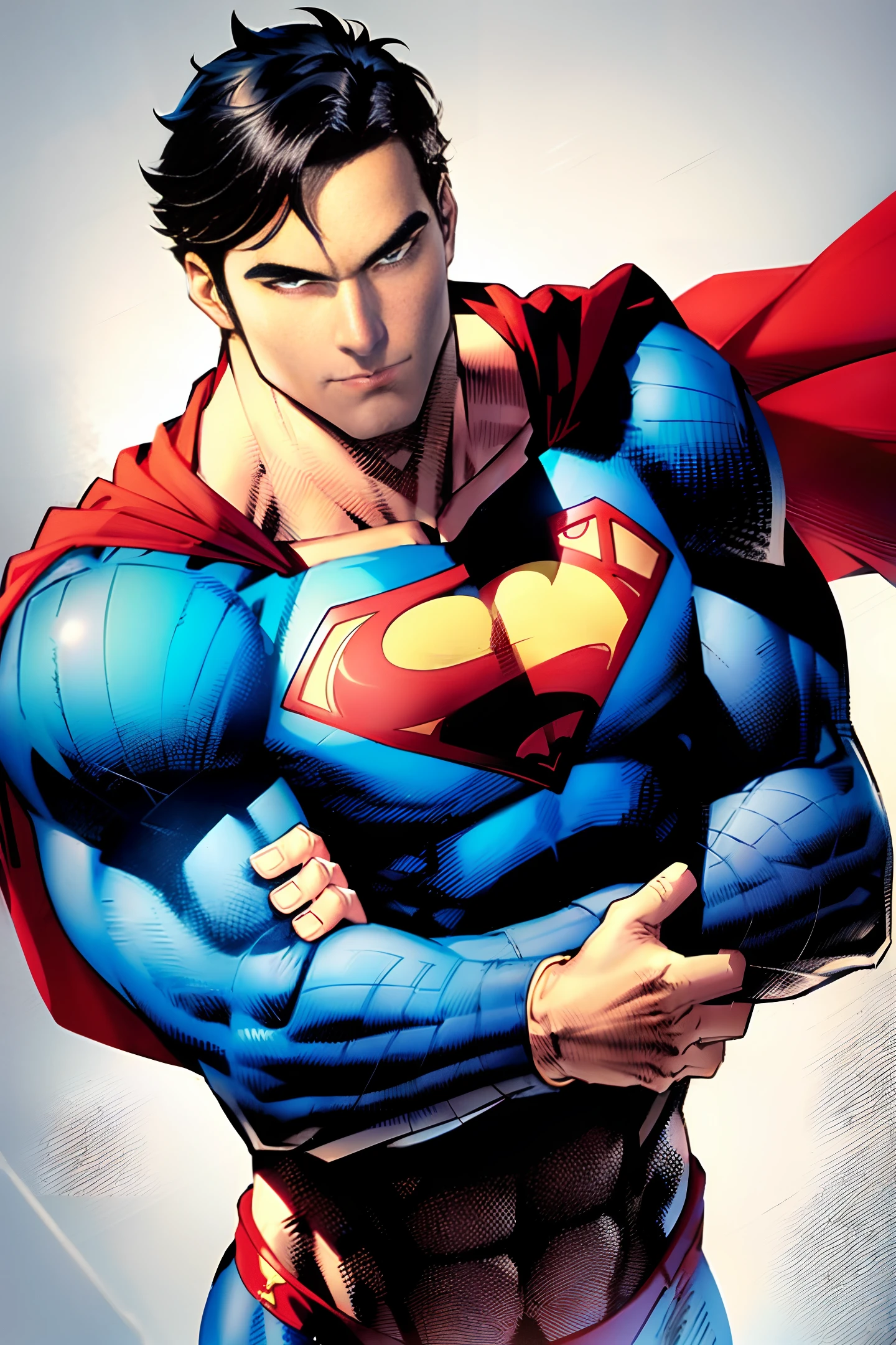 jim lee, 1boy, Superman abs, bara, black hair, Blue bodysuit, blue eyes, bodysuit, cape, smirk, crossed arms, large pectorals, male focus, muscular, muscular male, pectoral lift, pectorals, Red cape, short hair, simple background, solo, superhero, upper body,flat style , ((masterpiece))