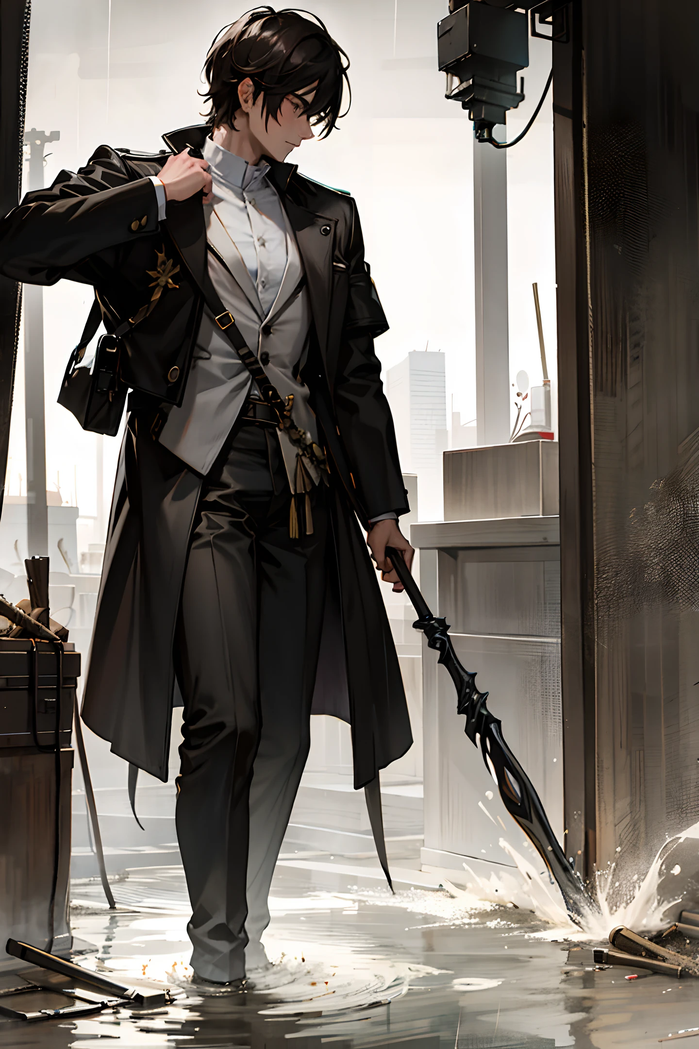 Night, heavy rain, dark sky, a young man with a spear, muscles, bandages, dark hair, a shabby and desolate city