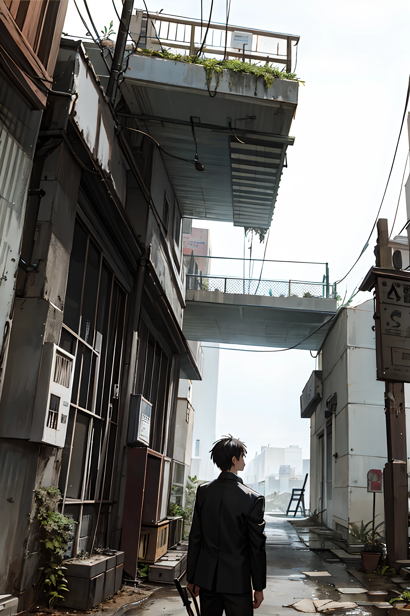Black sky, heavy rain, a young man with a spear looking at the sky, a dilapidated and desolate city, a building full of plants