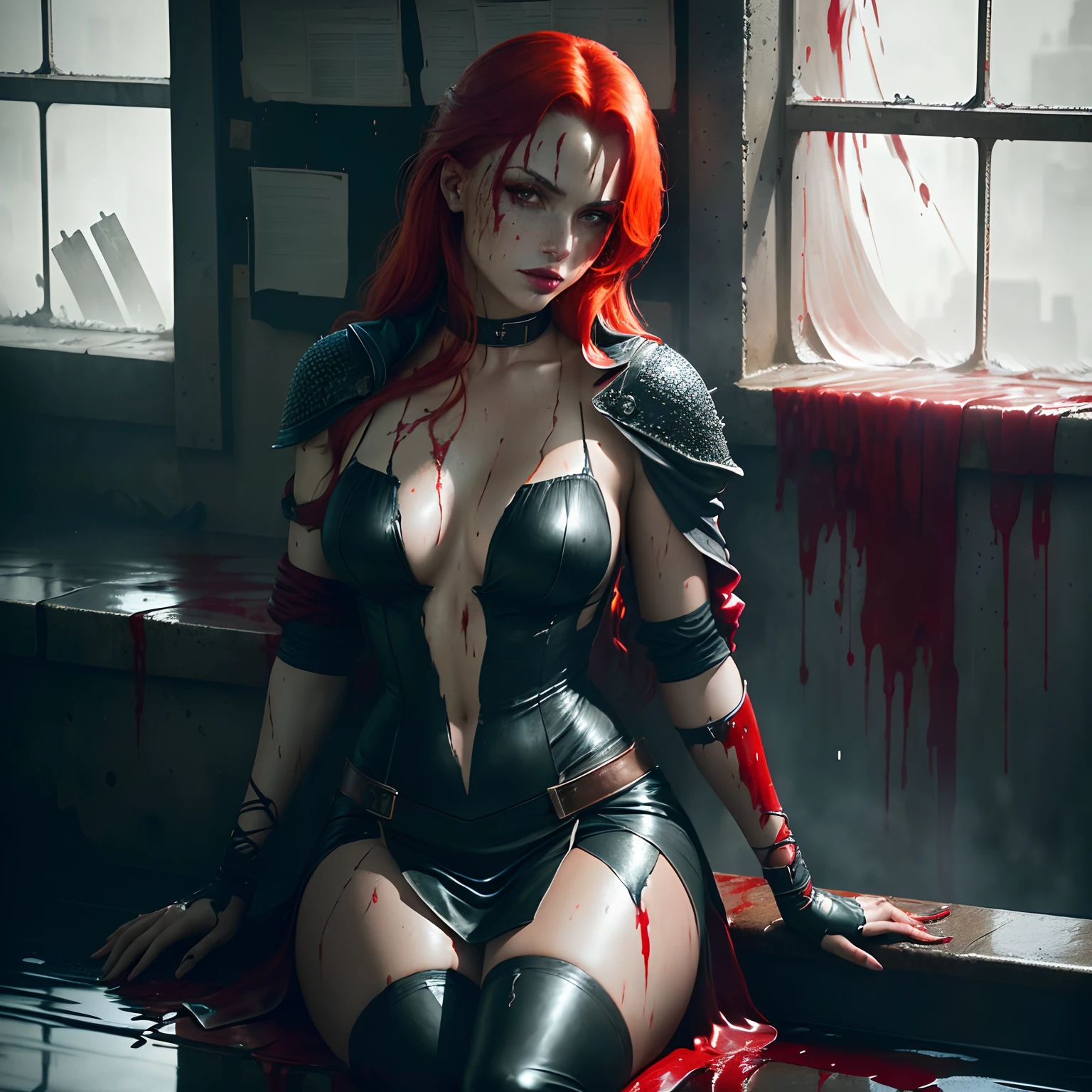 a portrait of adead sexy woman, dressed as bloodrayne, ((soaking wet of a blood)), redhead, freckles teacher is sitting, slate atmosphere, cinematic, dimmed colors, dark shot, muted colors, film grainy, lut, insane details, intricate details, hyperdetailed