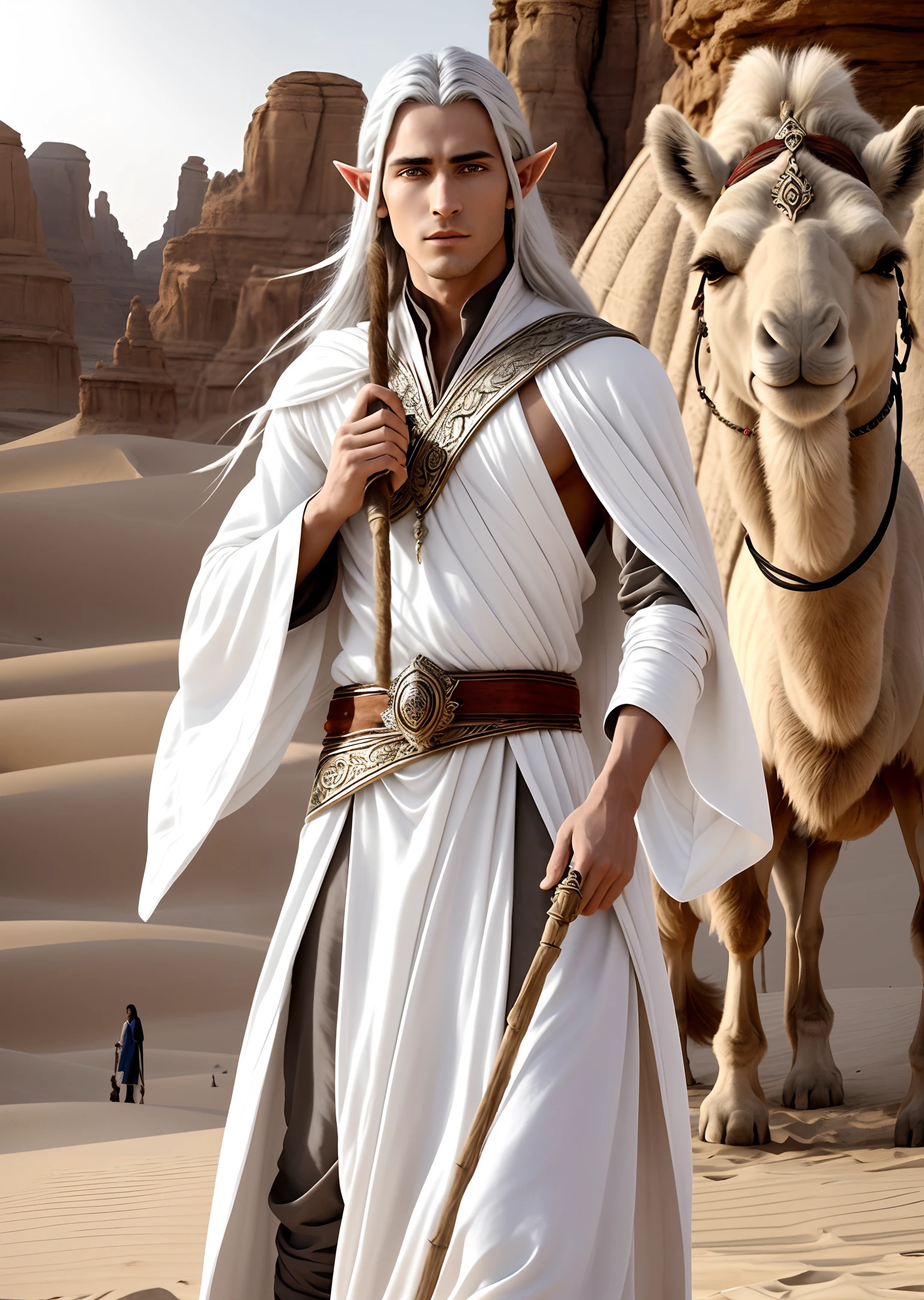 Ultra-fine HD thrilling young male elves with long sharp silver hair, black eyes in pure white elves robe with no legs exposed, one hand holding long woodworking casting. His face was gloomy and elegant. He leads a camel in the desert with the beautiful face of a cruel woman.