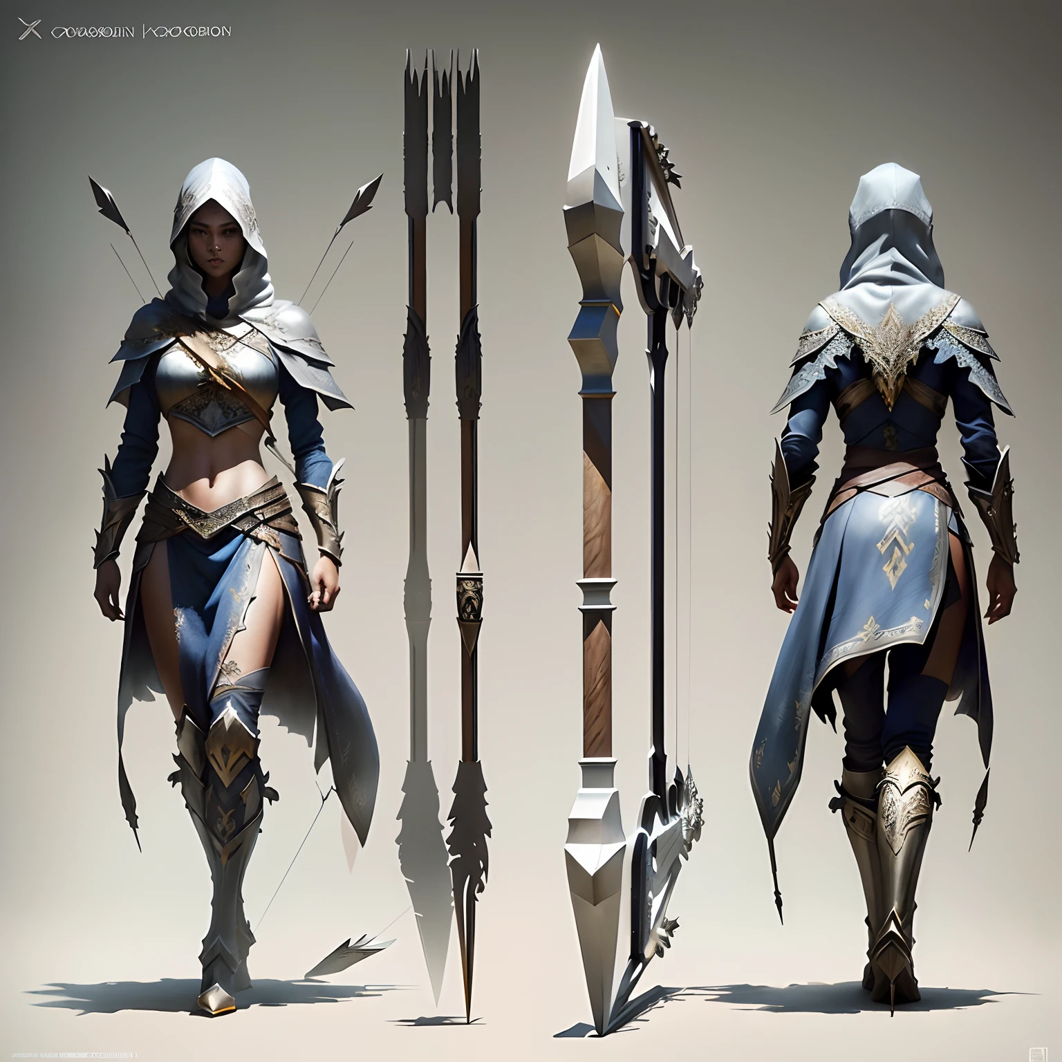 Weapon design tables, concept art, ((Crossbow)), silver decoration, totem, ((film)), (subtle lighting), (perfect shadows), (gorgeous), (perfect proportions), (intricate details)