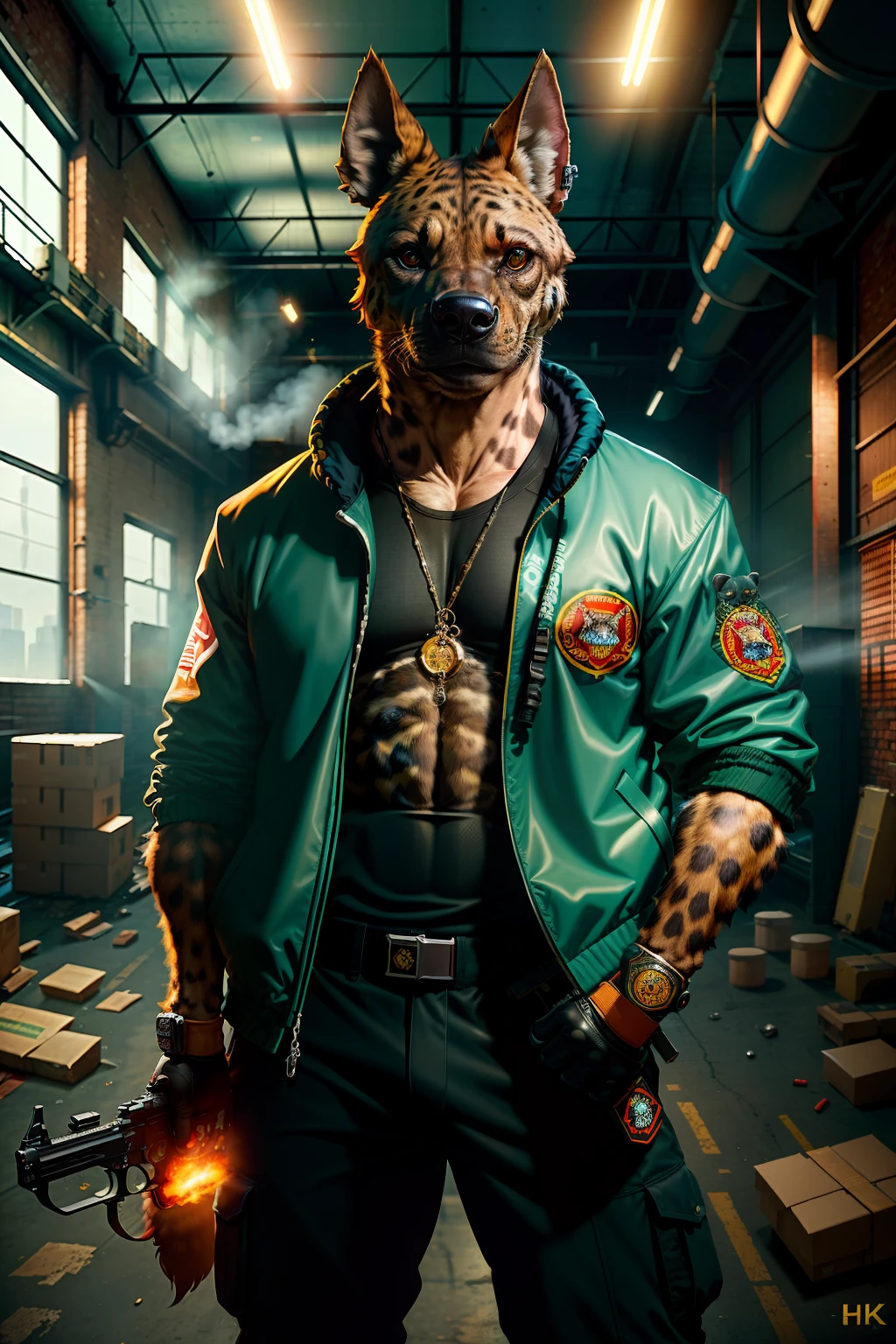 ((best quality)), ((ultradetailed)), ((masterpiece)), photograph, scene: spacious abandoned warehouse, theme: anthropomorphic animal mafia, character: hyena, appearance: wearing a windbreaker, holding a submachine gun and firing, other scene elements: training targets behind the character, perspective: realistic style, resolution: 4K.