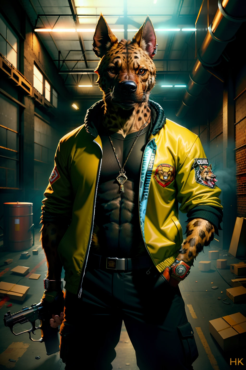 ((best quality)), ((ultradetailed)), ((masterpiece)), photograph, scene: spacious abandoned warehouse, theme: anthropomorphic animal mafia, character: hyena, appearance: wearing a windbreaker, holding a submachine gun and firing, other scene elements: training targets behind the character, perspective: realistic style, resolution: 4K.