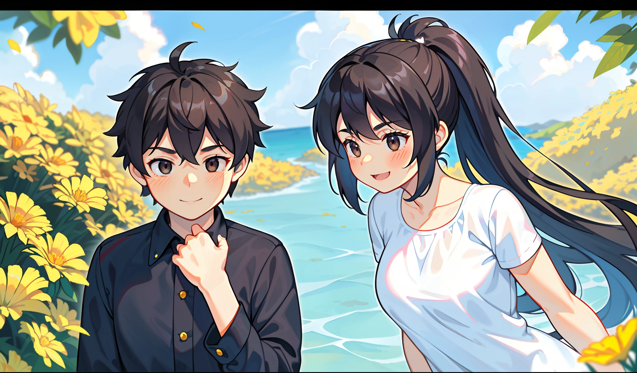 super fine illustration,masterpiece, best quality,{beautiful detailed eyes}, 2people, 1man and 1girl, finely detail, Depth of field, 4k wallpaper, bluesky, cumulus, wind, insanely detailed frills,extremely detailed lace, BLUE SKY, (the girl has long hair, Slightly open mouth, high ponytail, black hair, medium Breasts, cumulonimbus capillatus, slender waist), (the man is a tall manwith black shirt, blue denim jeans, black hair, brown eyes, smiling at the girl, looking at the girl, handsome), in relationship, falling in love, dating, holding hand each other, looking to each other, There are many scattered luminous petals,Hidden in the light yellow flowers,Depth of field,the girl is smiling to the man,Many flying drops of water,Upper body exposed,Many scattered leaves,branch ,angle ,contour deepening,cinematic angle , {{{Classic decorative border}}}